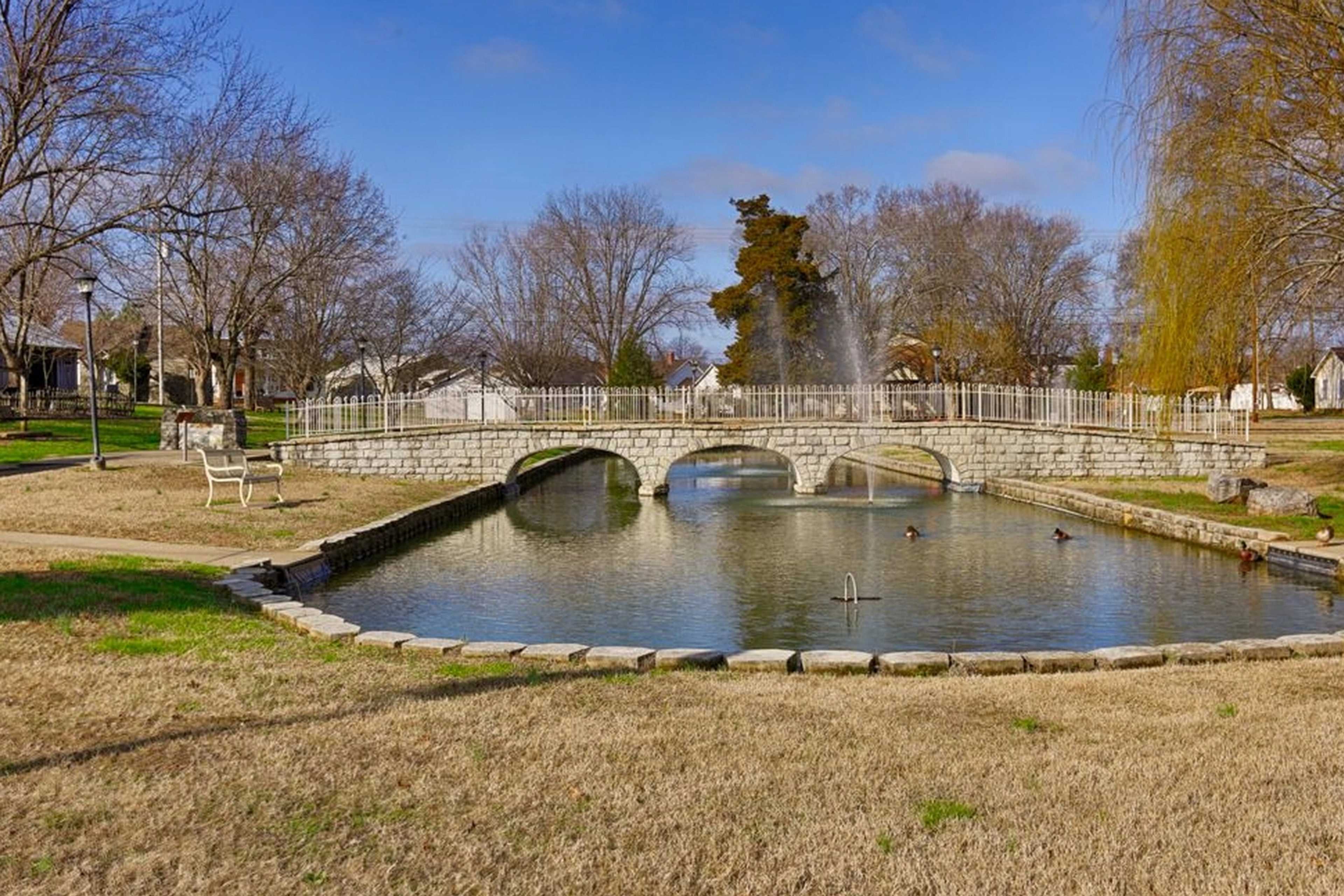 Scenic arched stone bridge over pond at Bailey Park in Fayetteville, Tennessee with white railings, ducks, and autumn trees