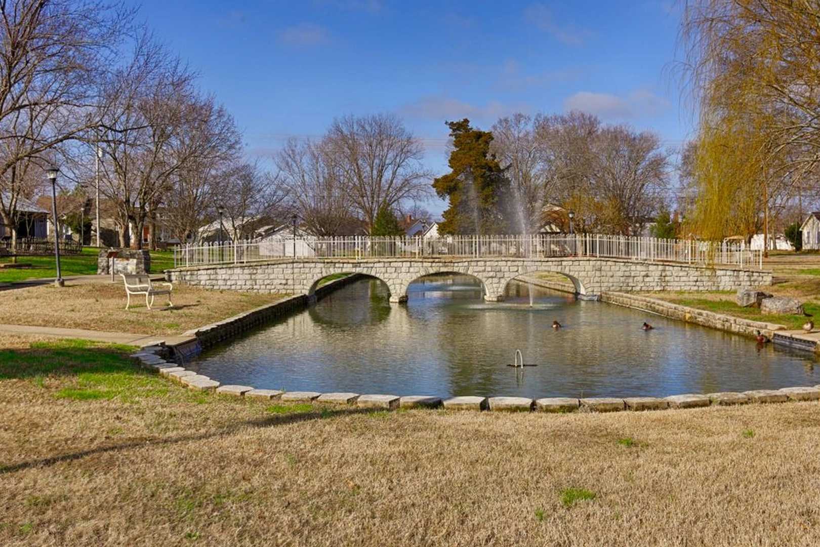 Scenic arched stone bridge over pond at Bailey Park in Fayetteville, Tennessee with white railings, ducks, and autumn trees