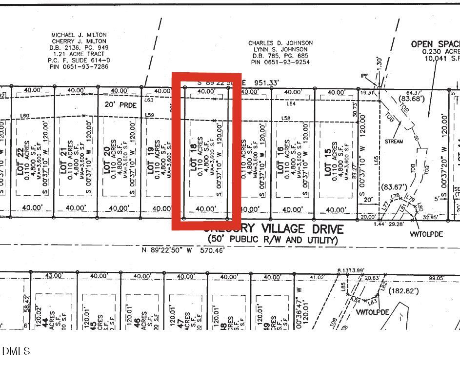 Detailed plat map of Gregory Village lots in Lillington, NC, with boundaries, utilities, and bearings for Davidson Homes The Gavin B plan