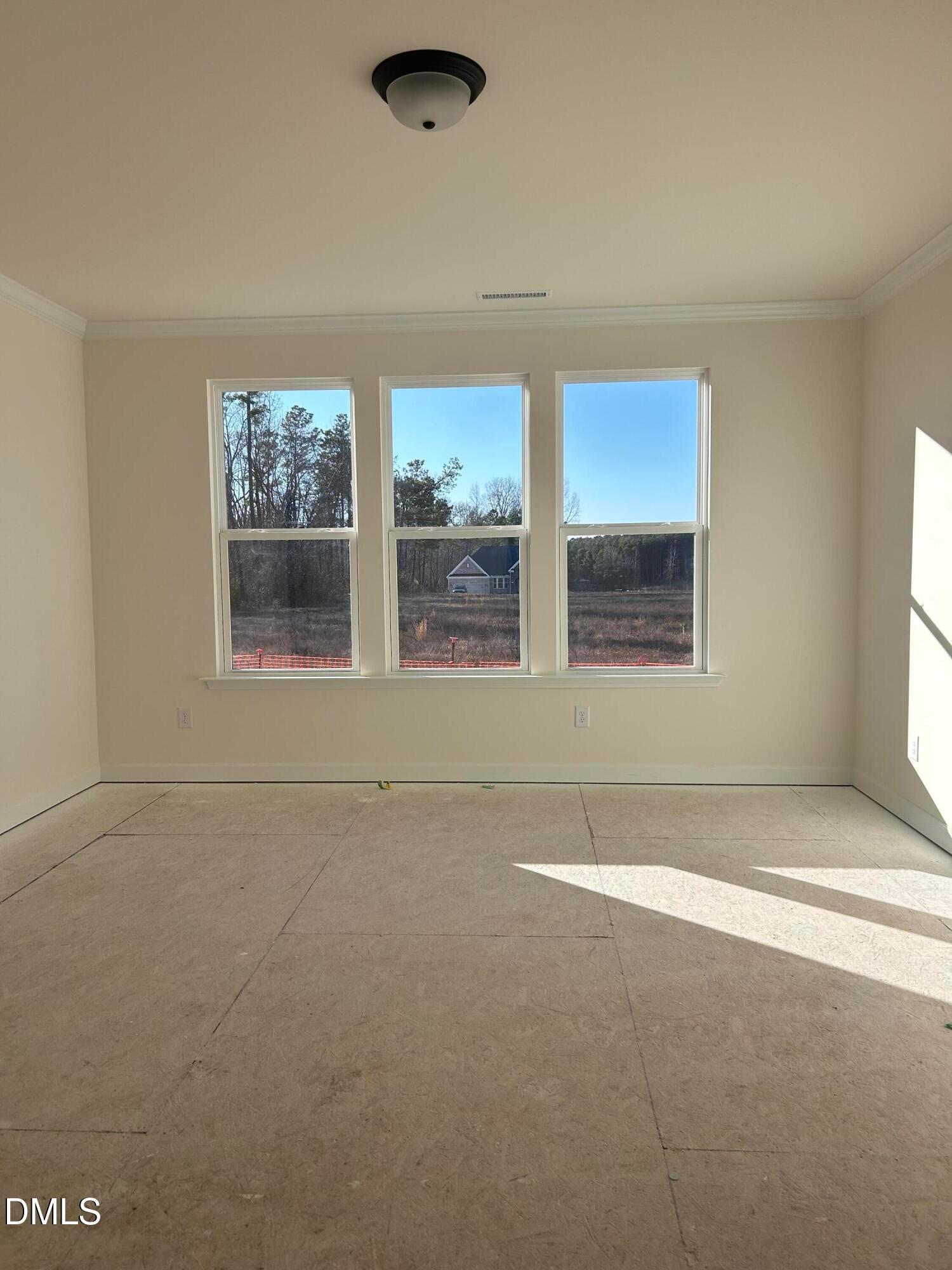 Sunlit empty living room with three large windows overlooking pine trees and rural fields in Davidson Homes Magnolia B, Angier, NC