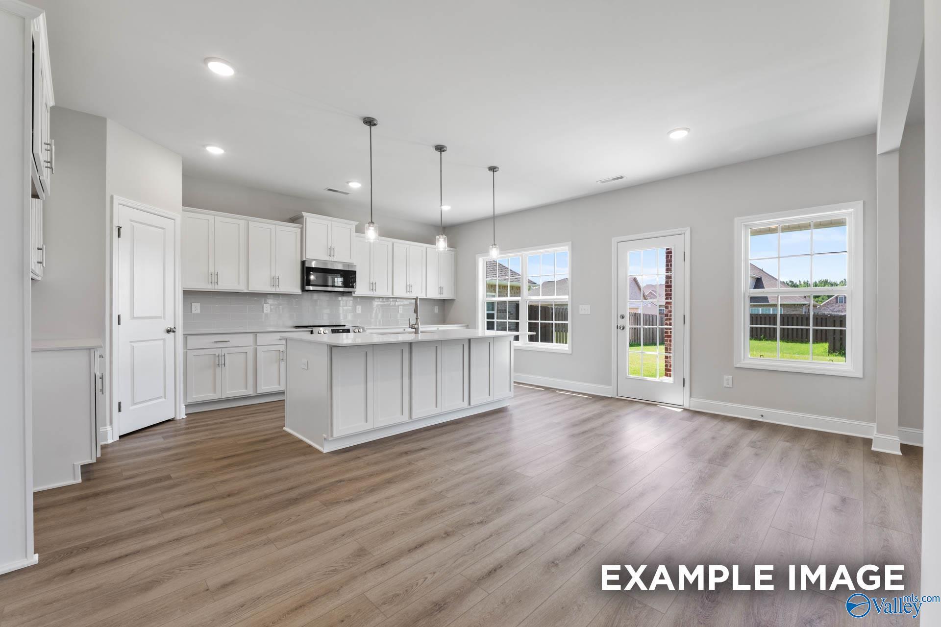 Modern open-concept kitchen with white cabinets, island sink, stainless appliances, and sliding doors in 5-bedroom Davidson Homes The Madison A, Meridianville, AL