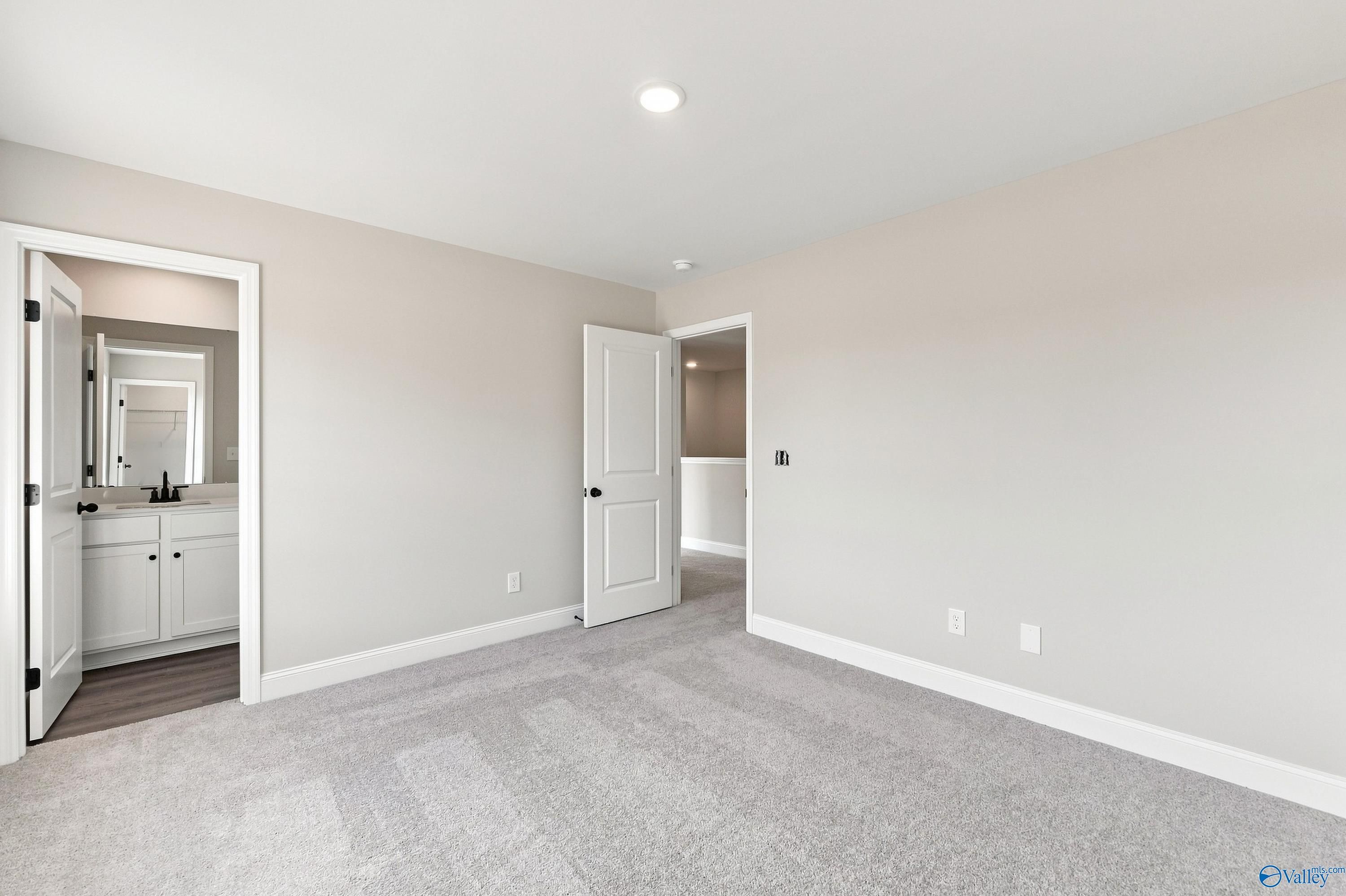 Spacious carpeted bedroom with ensuite bath and white cabinetry in Davidson Homes The Chelsea B, Creek Grove, New Market, Alabama