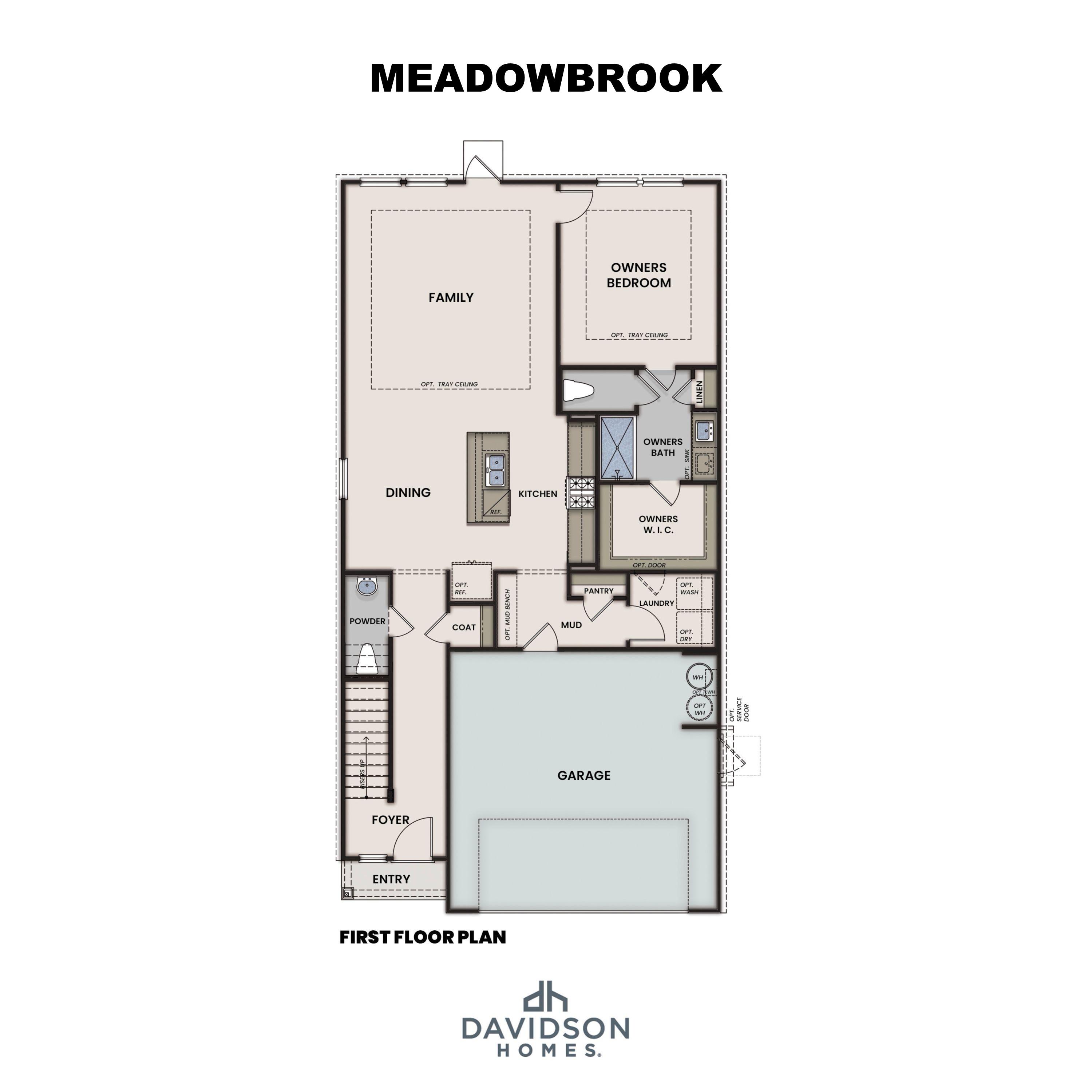 First floor plan of The Meadowbrook showcasing primary suite, open kitchen, family room, dining, and 2-car garage