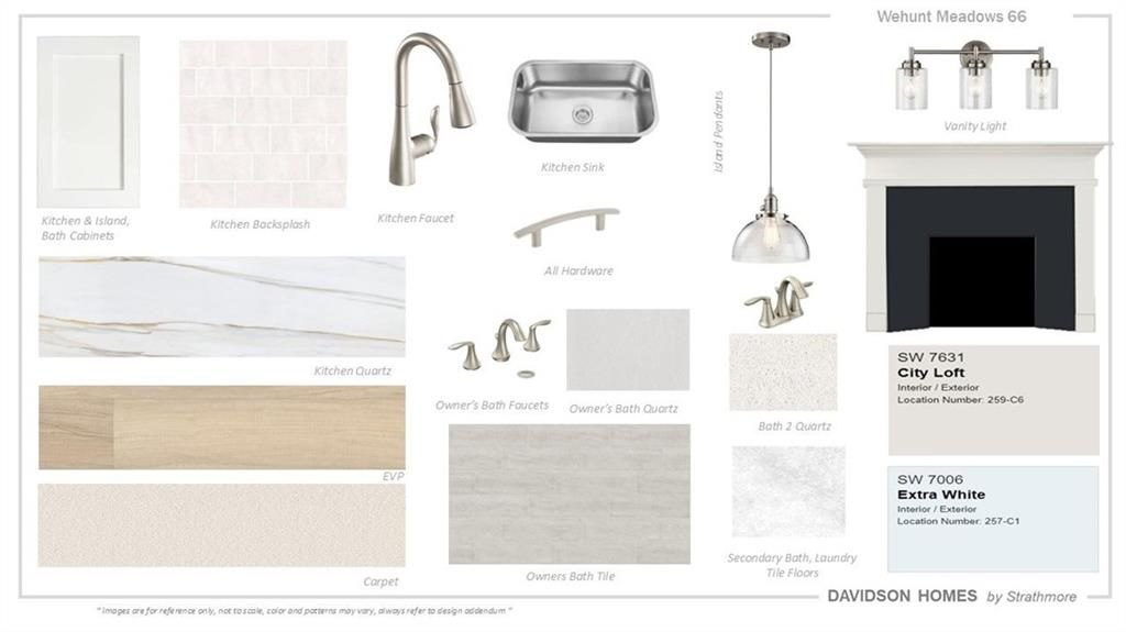Design board featuring kitchen cabinets, quartz counters, backsplash tiles, faucets, and owner's bath samples for Davidson Homes The Glenwood C in Wehunt Meadows, Hoschton