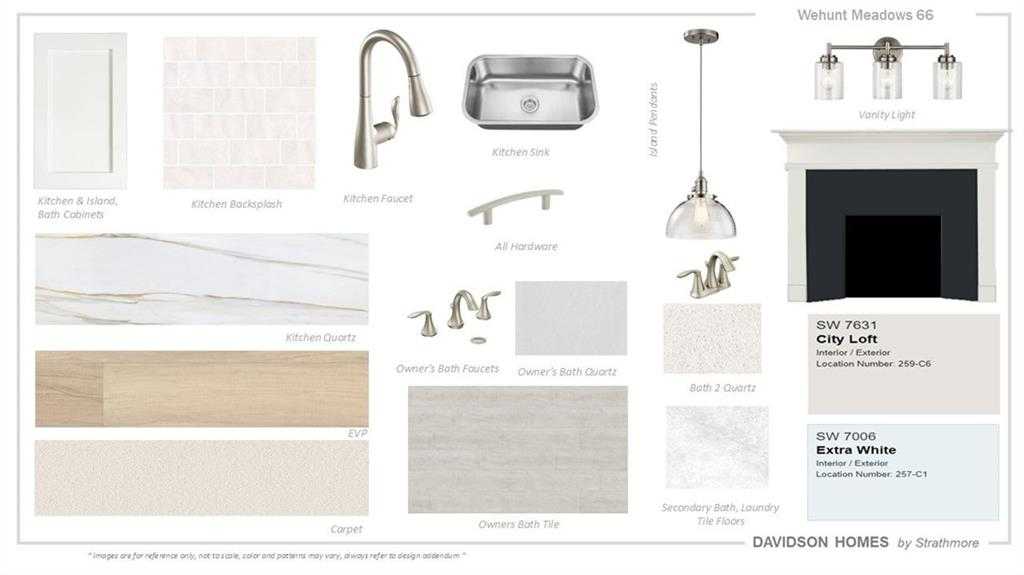 Design board for The Glenwood C: white shaker kitchen cabinets, subway tile backsplash, gray quartz counters, owner's bath tile, Wehunt Meadows, Hoschton