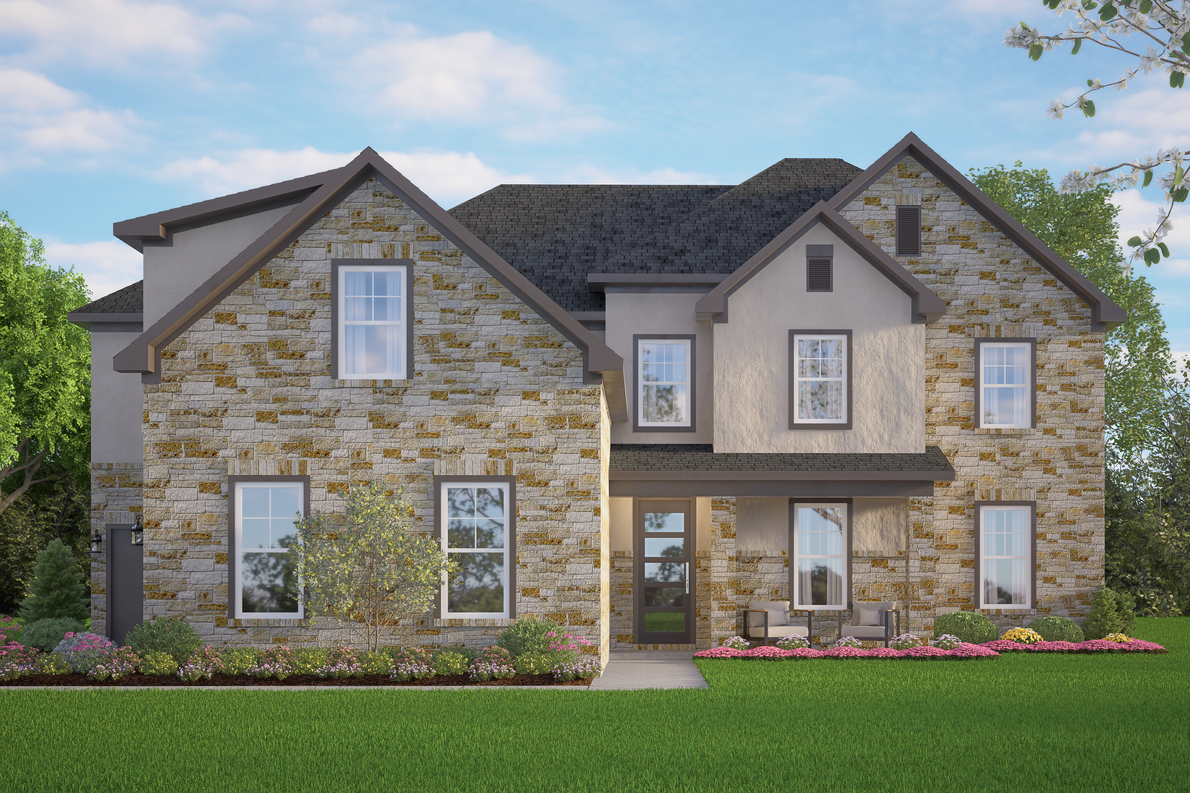 Two-story The Ashford G home elevation with stone facade, siding, large windows, and landscaped yard in Castroville Texas