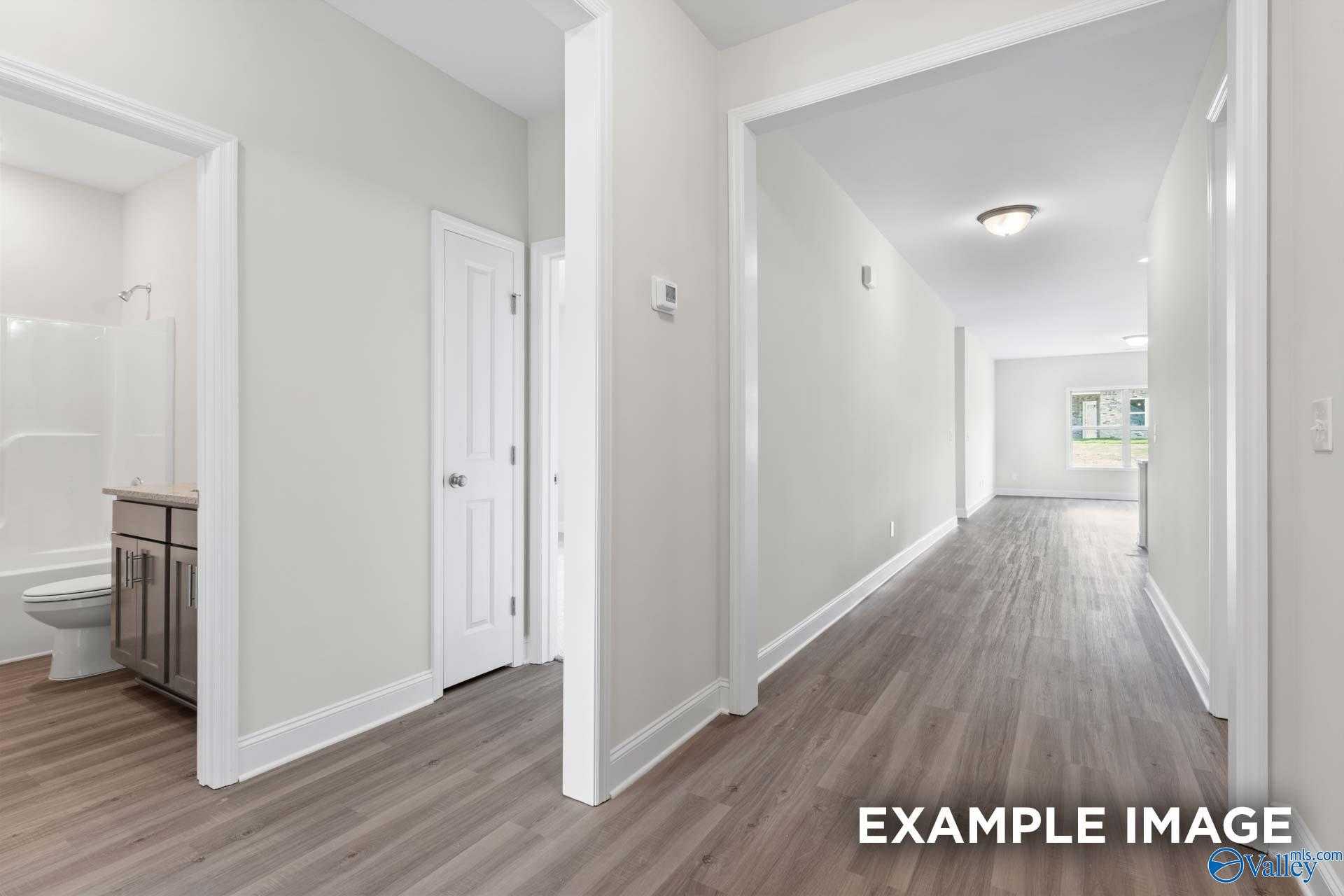 Bright hallway with white walls, wood flooring, and adjacent bathroom featuring shower, toilet, and vanity in Davidson Homes' 4-bedroom The Daphne D, Arab, Alabama