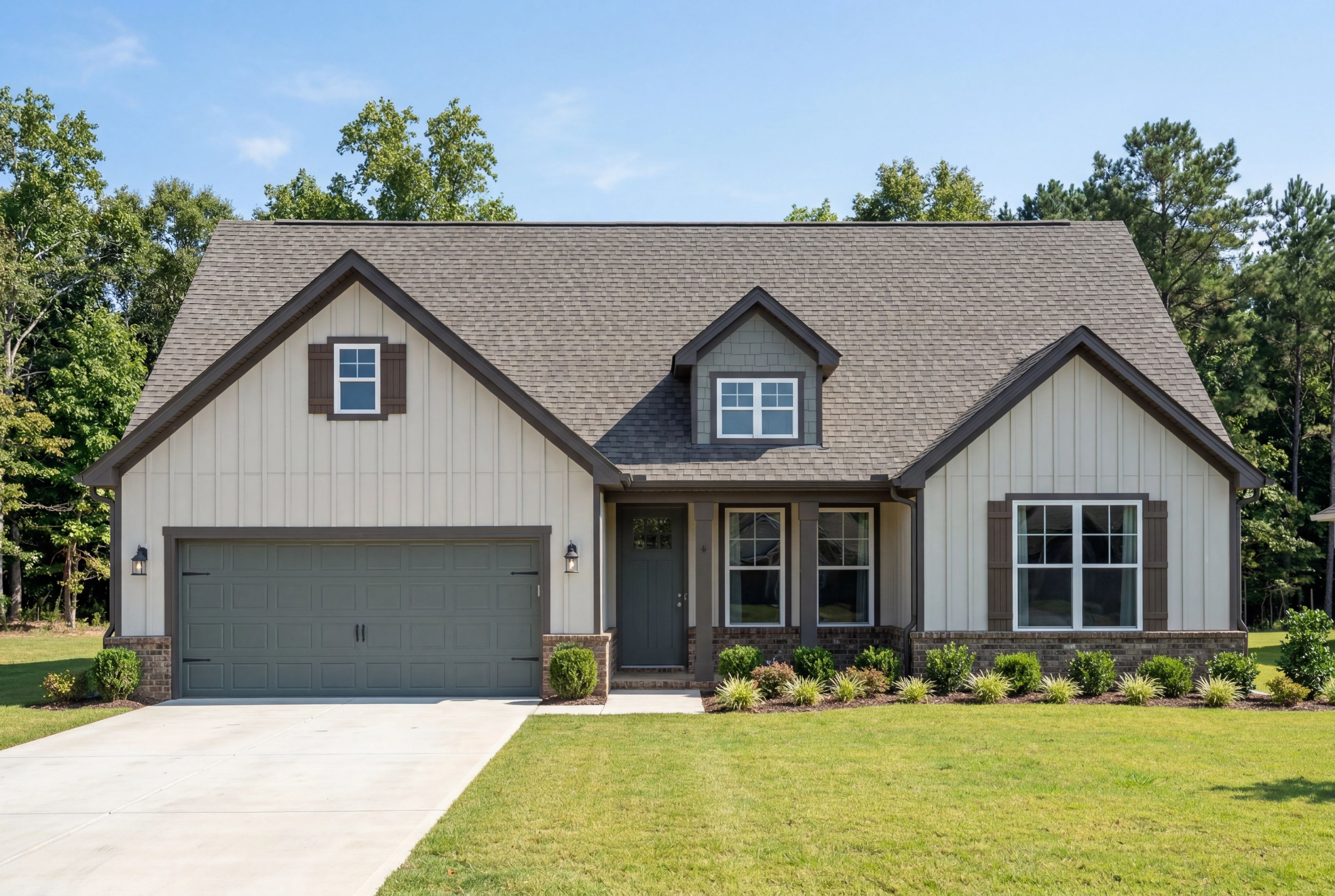The Rockford single-family home elevation in Cullman, Alabama, featuring a 2-car garage and board-and-batten siding.