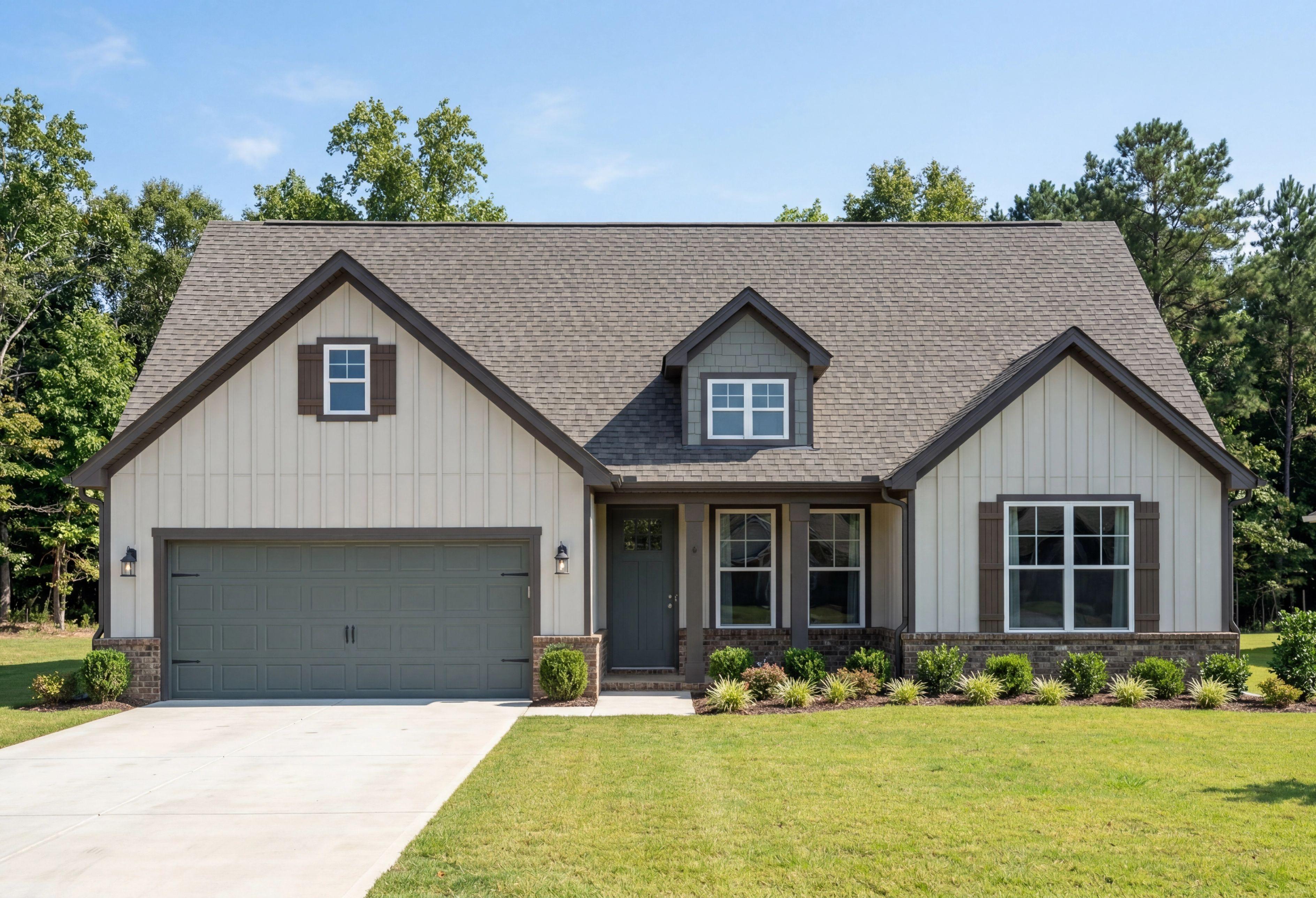 The Rockford single-family home elevation in Cullman, Alabama, featuring a 2-car garage and board-and-batten siding.