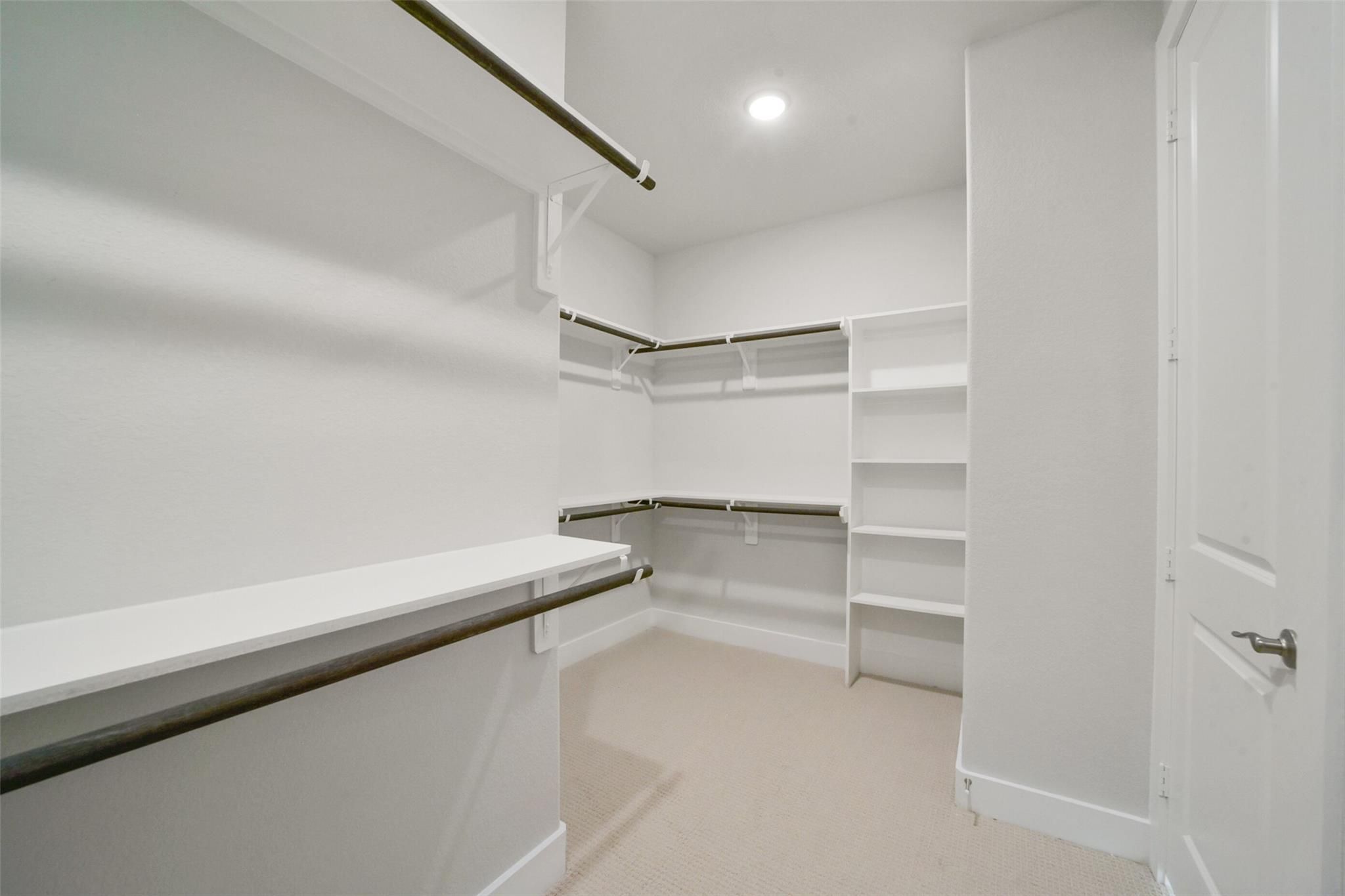 Spacious walk-in closet with white shelves and hanging rods on beige carpet in Davidson Homes The Zion A, Lago Mar, Texas City