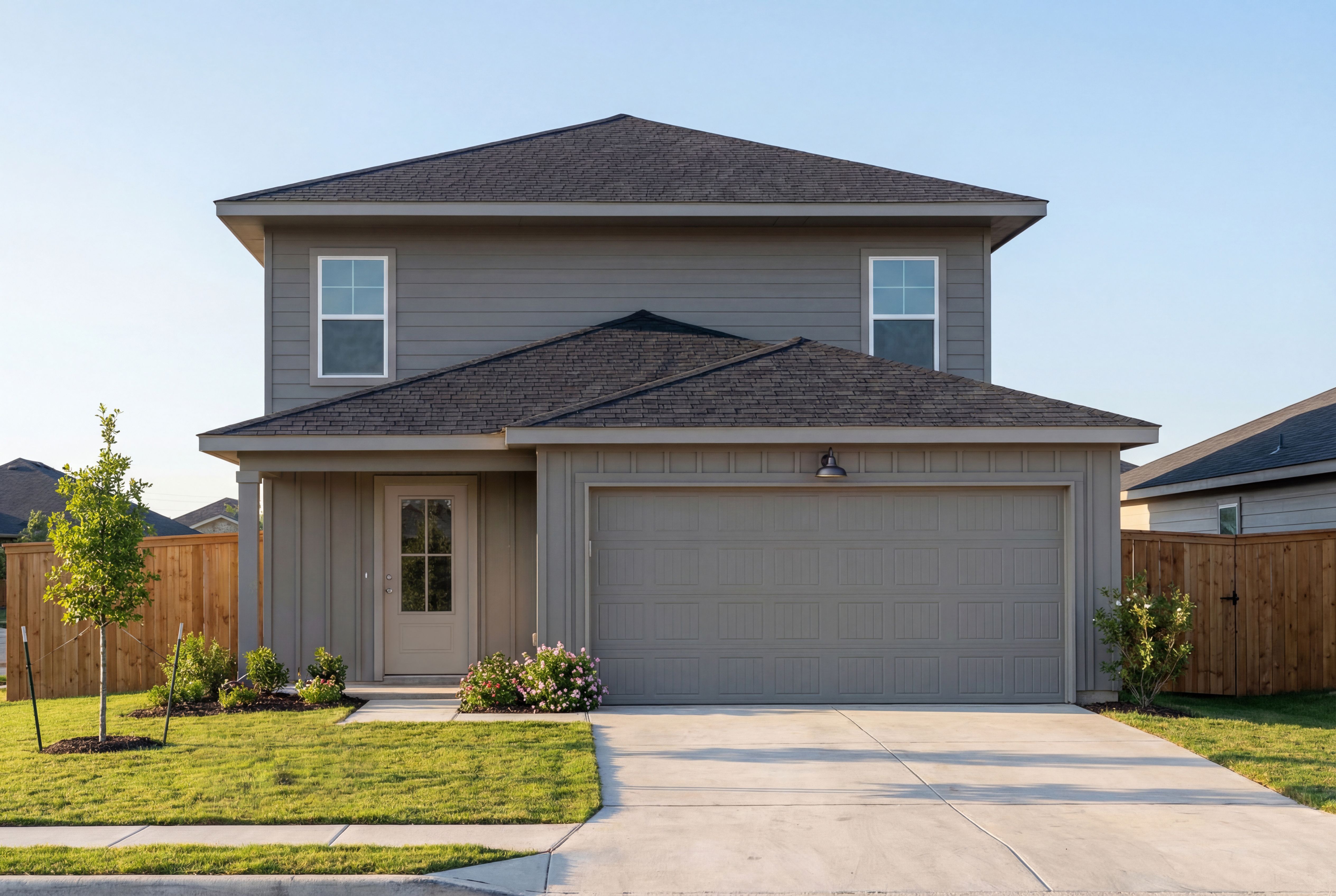 Two-story San Marcos home exterior featuring gray siding, dark shingle roof, two-car garage, covered entry, and landscaped yard