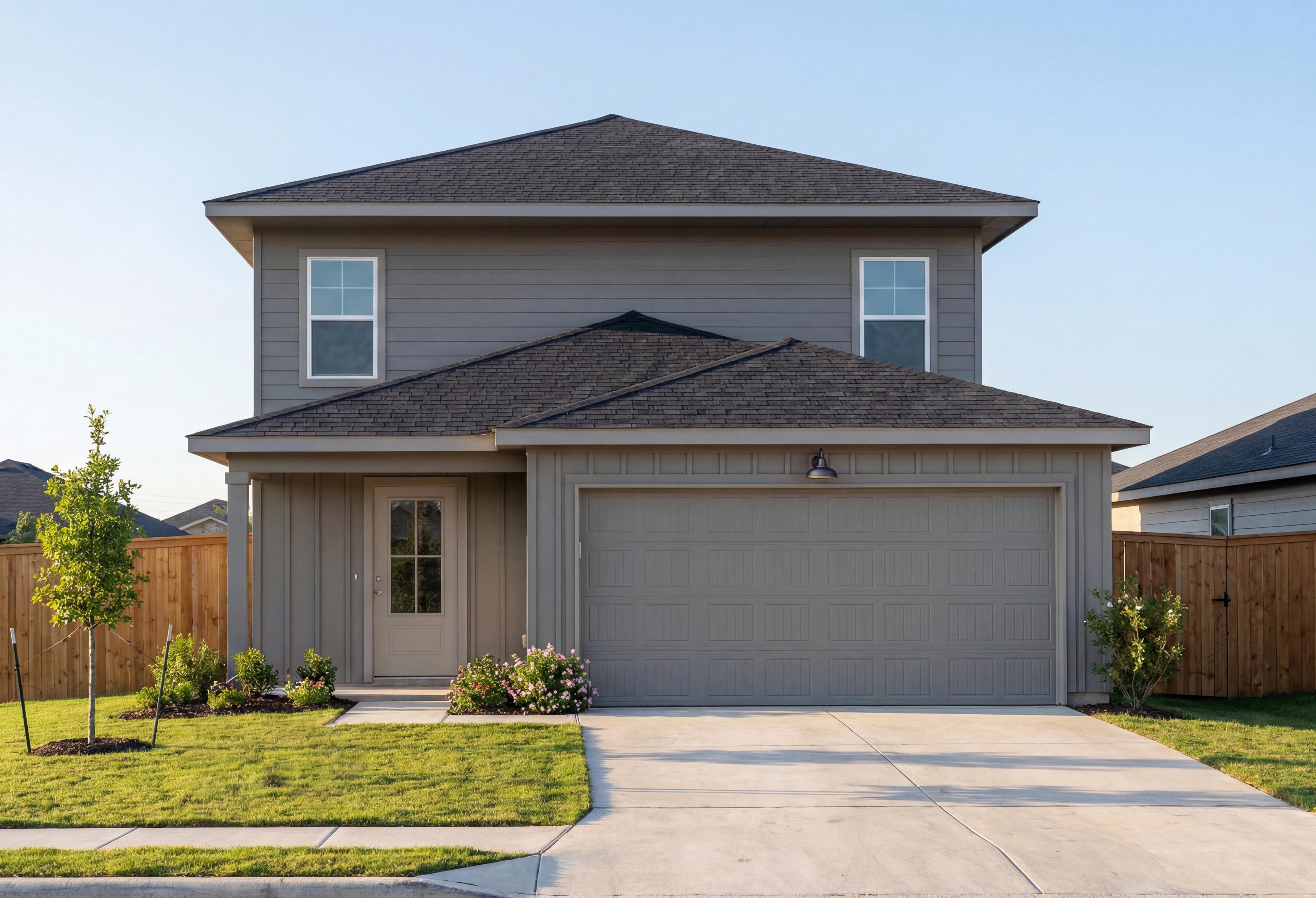 Two-story San Marcos home exterior featuring gray siding, dark shingle roof, two-car garage, covered entry, and landscaped yard