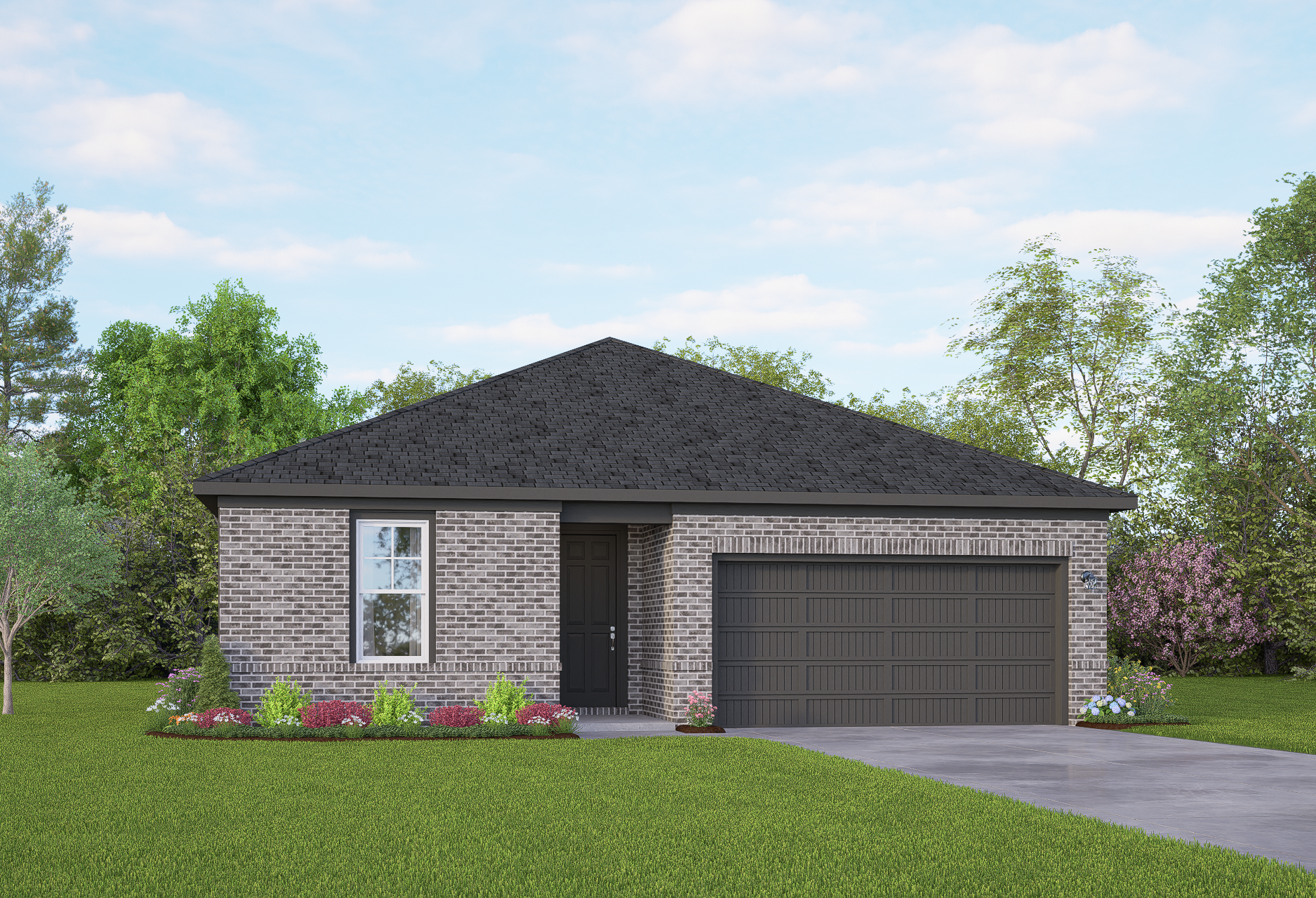 Modern brick single-story Asheville home with 2-car garage, black roof, and landscaped yard in San Antonio