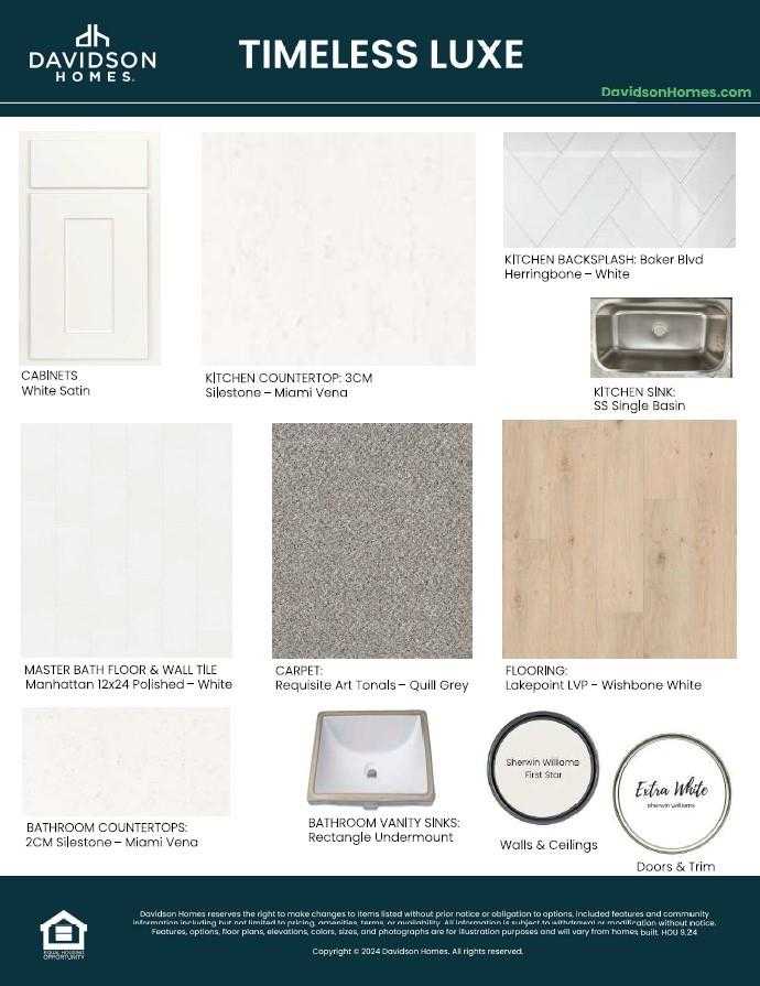 Timeless Luxe interior swatches: white quartz counters, stainless sinks, gray carpet for Davidson Homes Blanco E in Magnolia, Texas