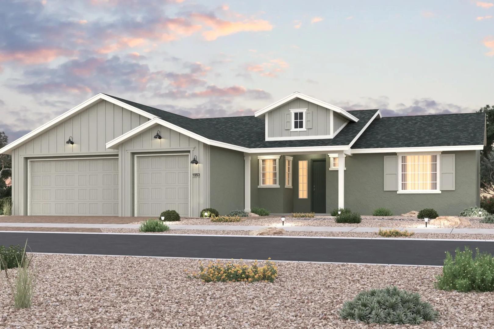 Contemporary ranch home exterior at Westwood in Prescott Arizona with gabled roof, covered porch, and desert landscaping