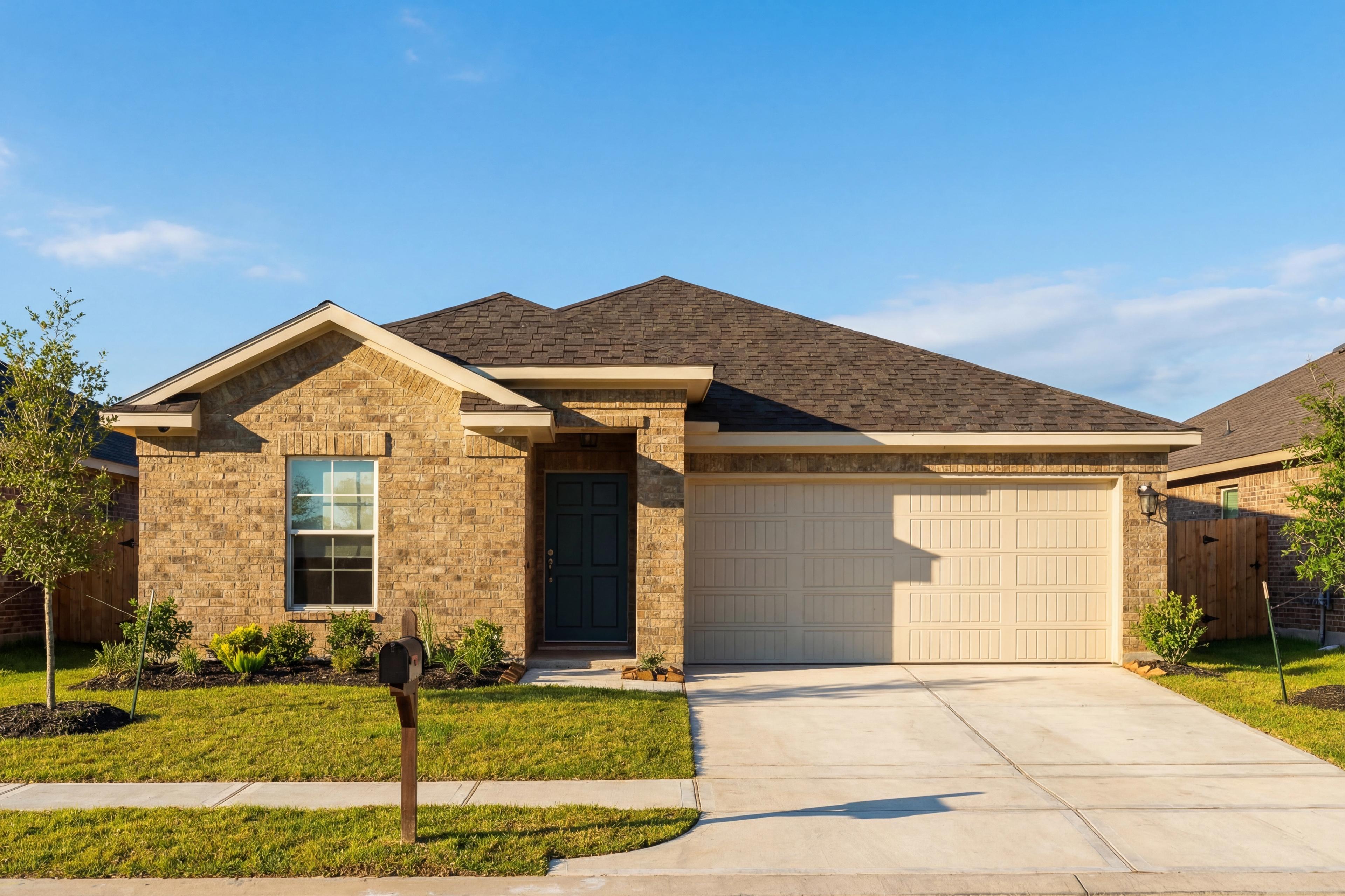 Modern single-story brick home elevation of The Laguna with 2-car garage, gabled roof, and landscaped yard in Beasley, Texas