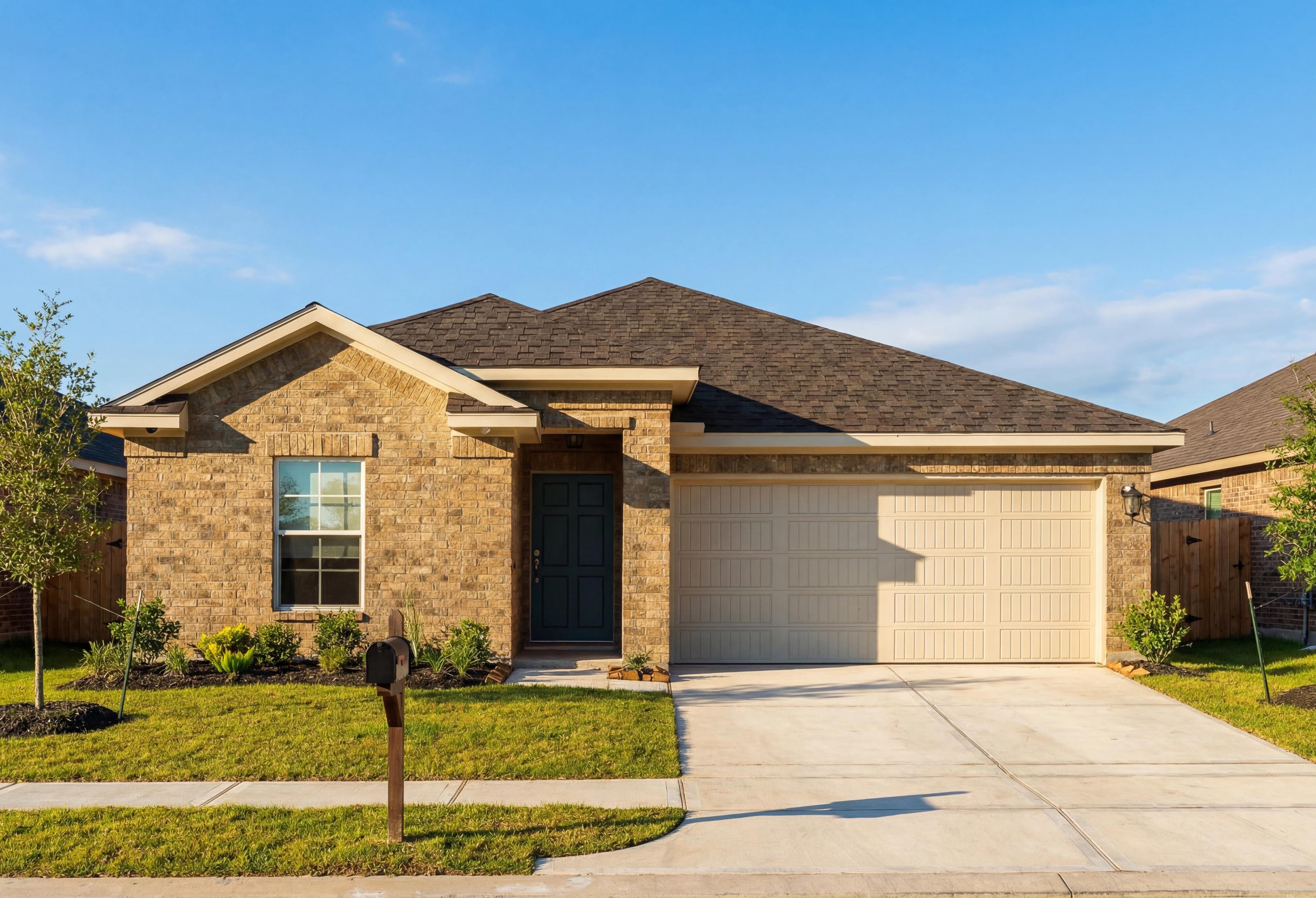 Modern single-story brick home elevation of The Laguna with 2-car garage, gabled roof, and landscaped yard in Beasley, Texas
