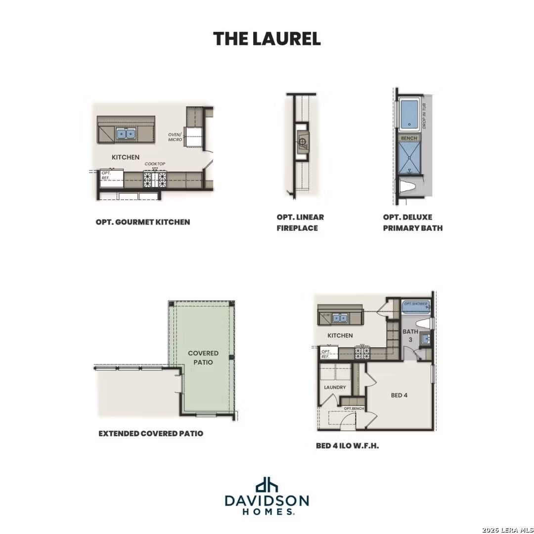 The Laurel floor plan by Davidson Homes: optional gourmet kitchen, fireplace, deluxe primary bath, extended covered patio in Rayburn Valley, San Antonio