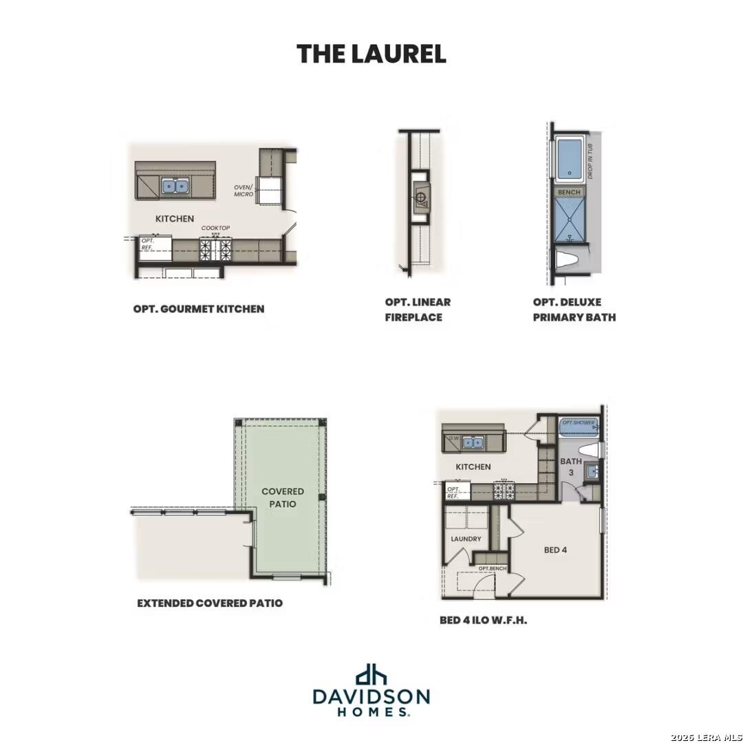 The Laurel floor plan by Davidson Homes: optional gourmet kitchen, fireplace, deluxe primary bath, extended covered patio in Rayburn Valley, San Antonio