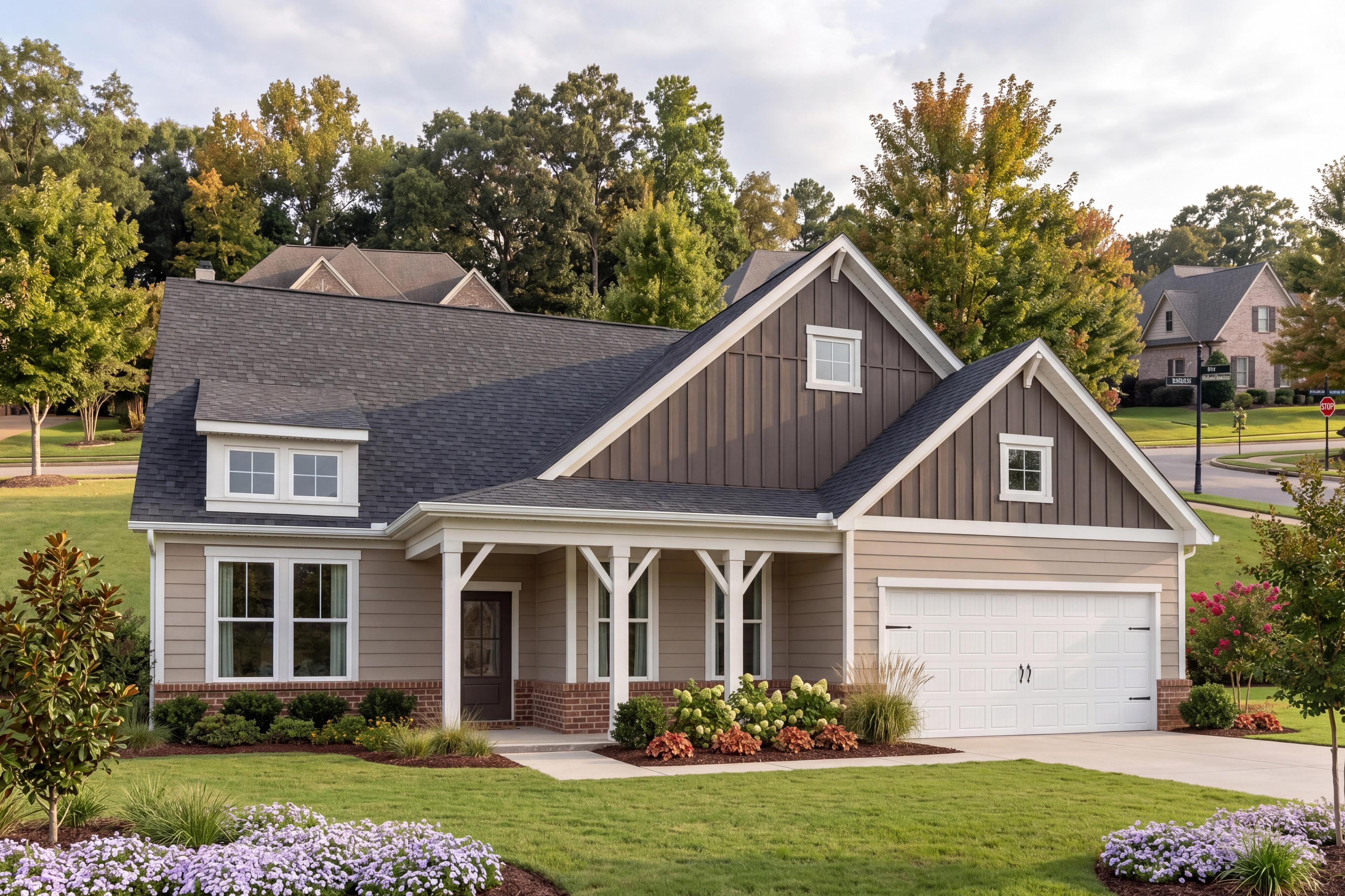 The Magnolia single-family home by Davidson Homes in Priceville, AL, featuring a brick and cement exterior with a 2-car garage.