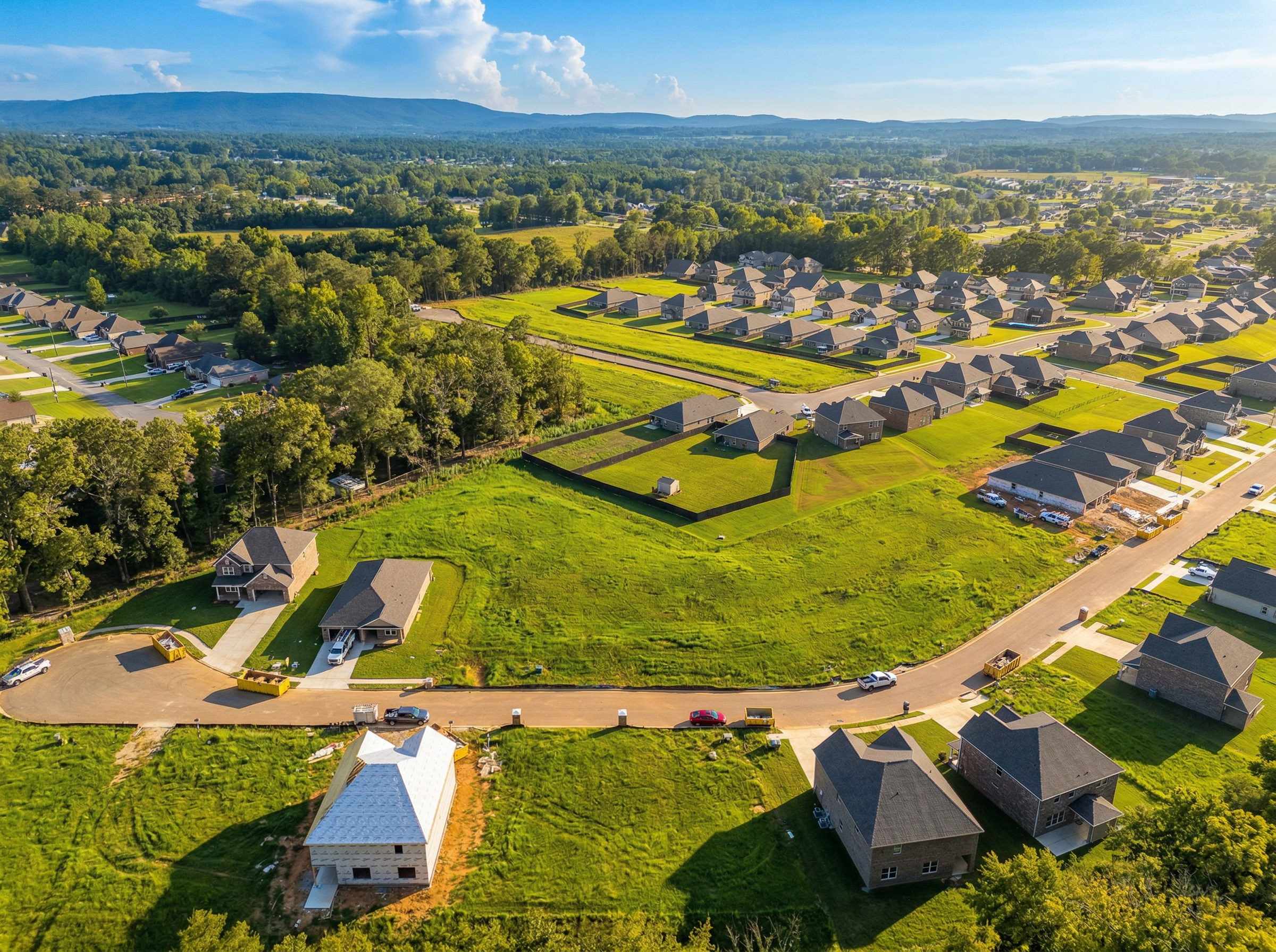 Aerial view of Creek Grove neighborhood in New Market Alabama featuring new Davidson Homes construction sites wooded hills and dirt lots