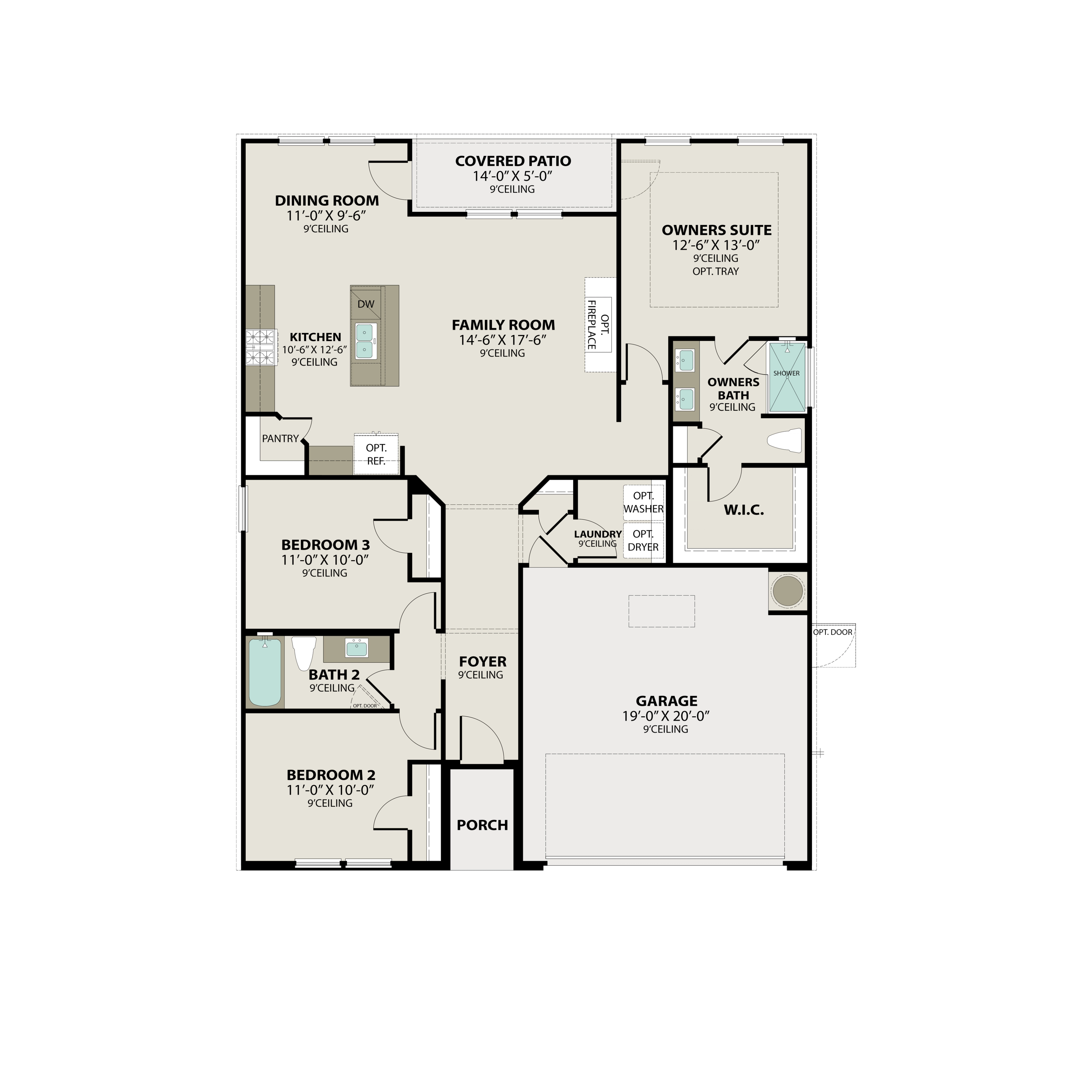 The Asheville 3-bedroom 2-bath floor plan with open kitchen, family room, owner's suite, and 2-car garage