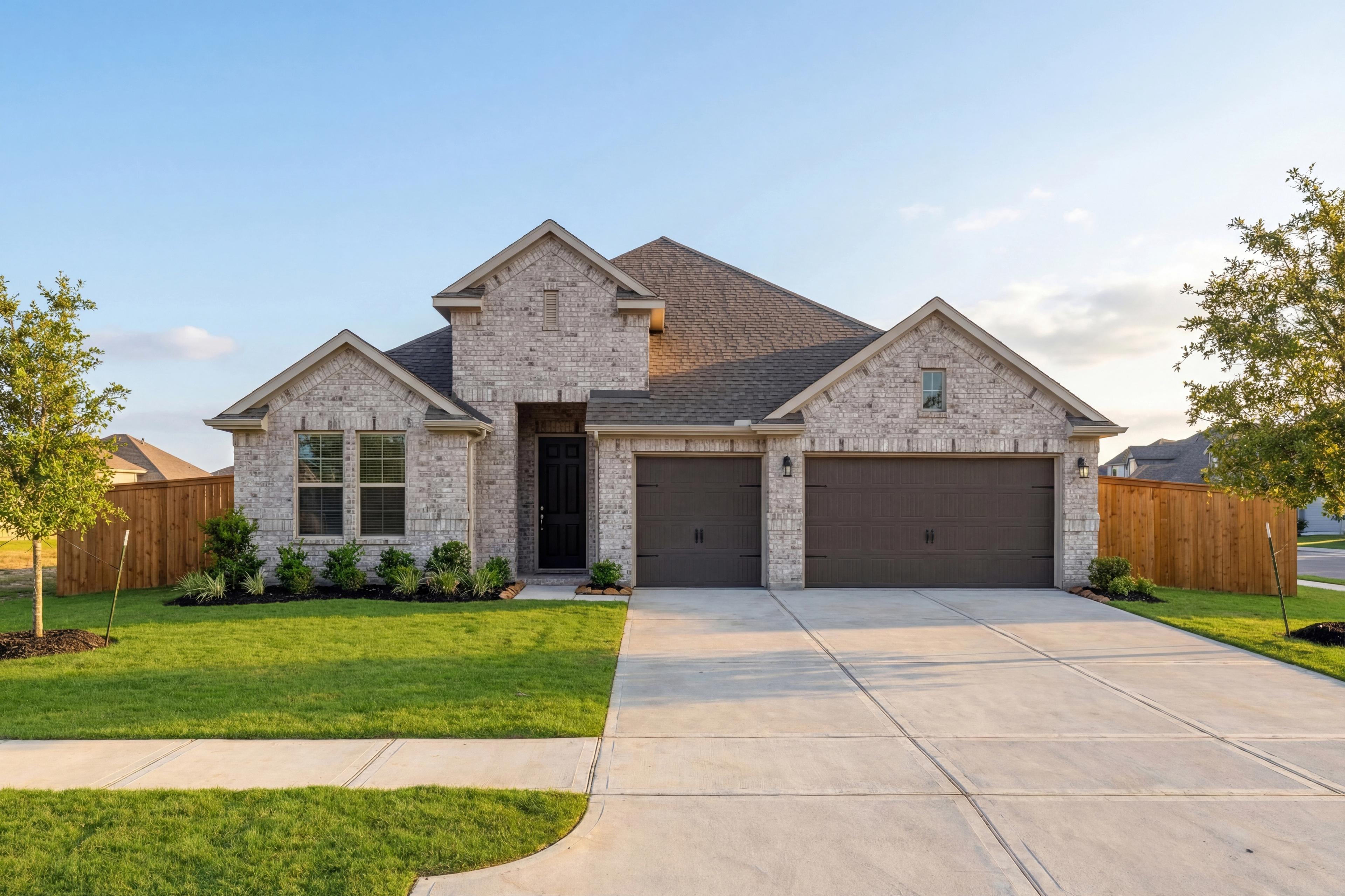 Modern single-story The George A home by Davidson Homes featuring brick exterior, 3-car garage, driveway, and lush lawn in Rosharon, TX