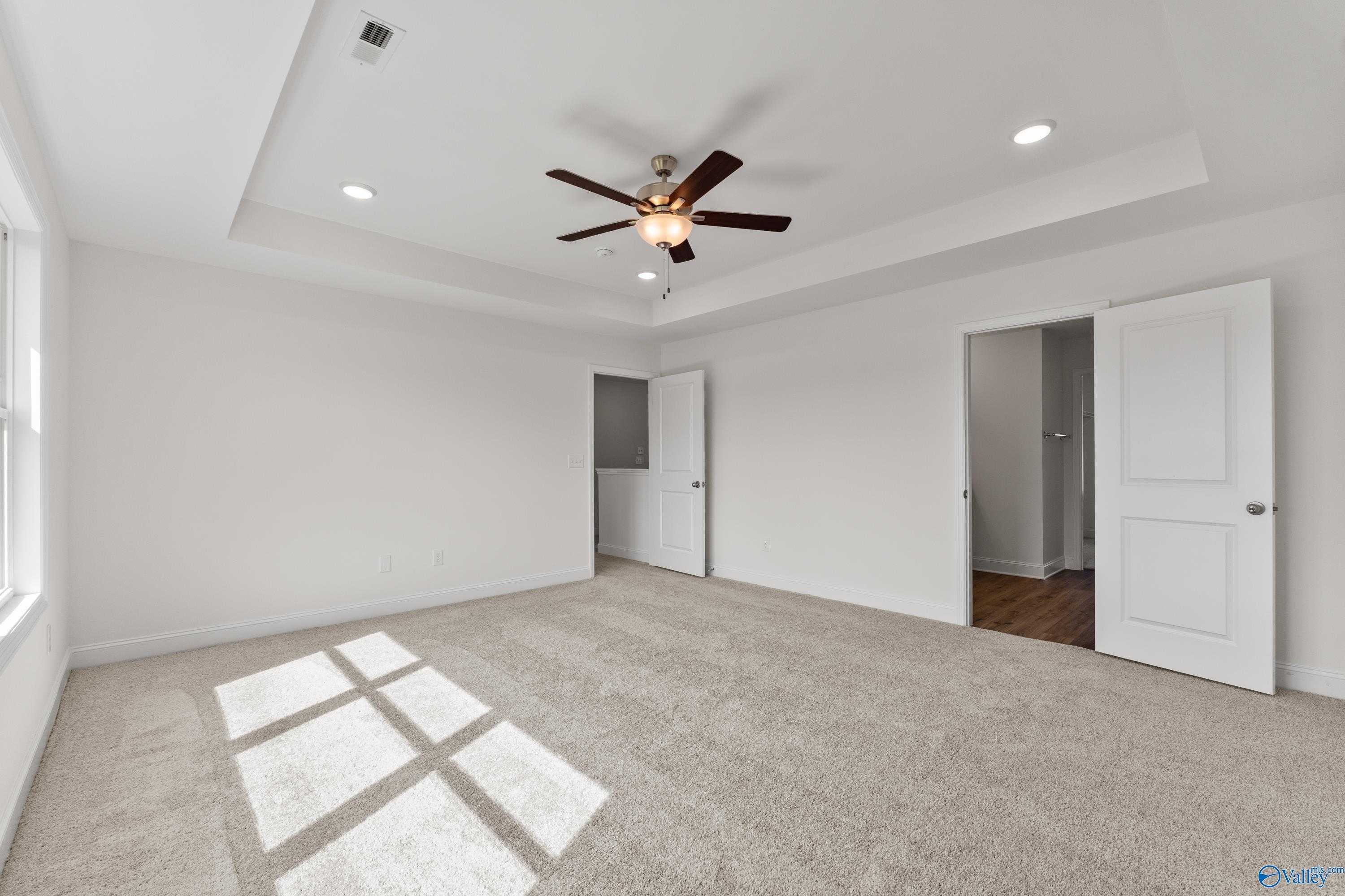 Bright master bedroom with ceiling fan, walk-in closet, en-suite bath, and natural light in Davidson Homes The Shelby A, New Market, AL