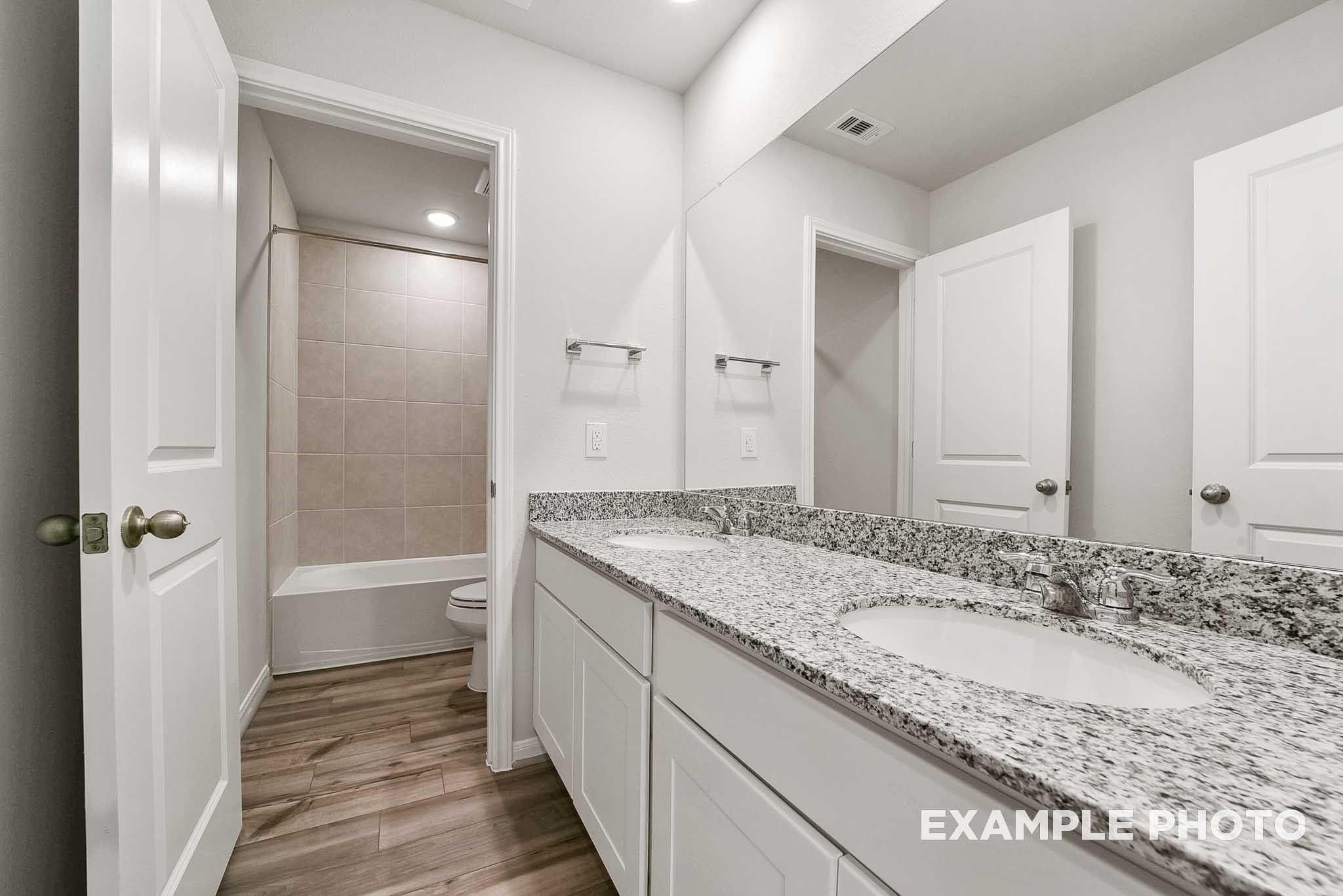 Modern double vanity with granite countertops, tub, and shower in Davidson Homes The Tierra B, Beasley, Texas