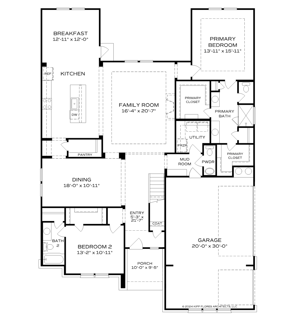 First floor plan of The Haven showcasing open-concept kitchen, family room, primary suite, dining, and 3-car garage