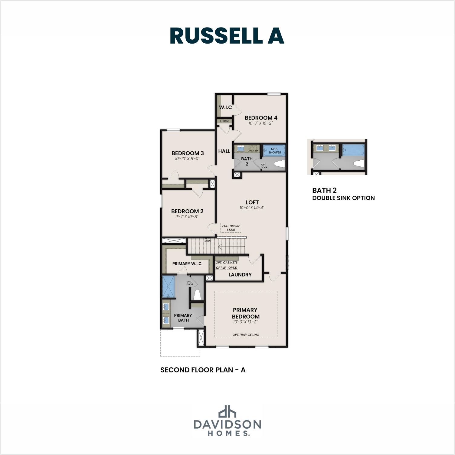 Second floor plan of Russell A home design by Davidson Homes: primary suite with ensuite bath, 3 bedrooms, loft, laundry, 2 baths