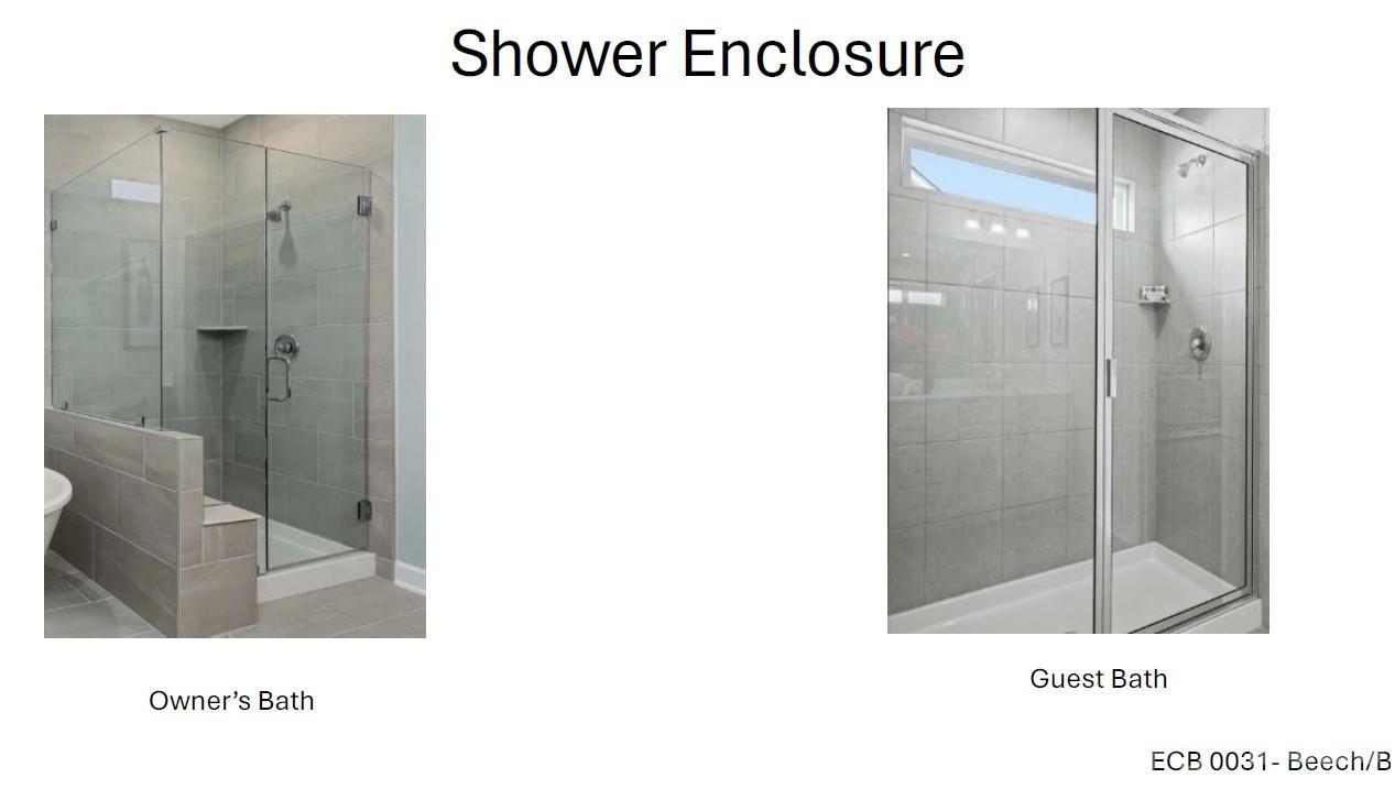 Modern frameless glass shower enclosures with tiled walls in owner's and guest baths, The Beech B by Davidson Homes, Enclave at Belmont, NC