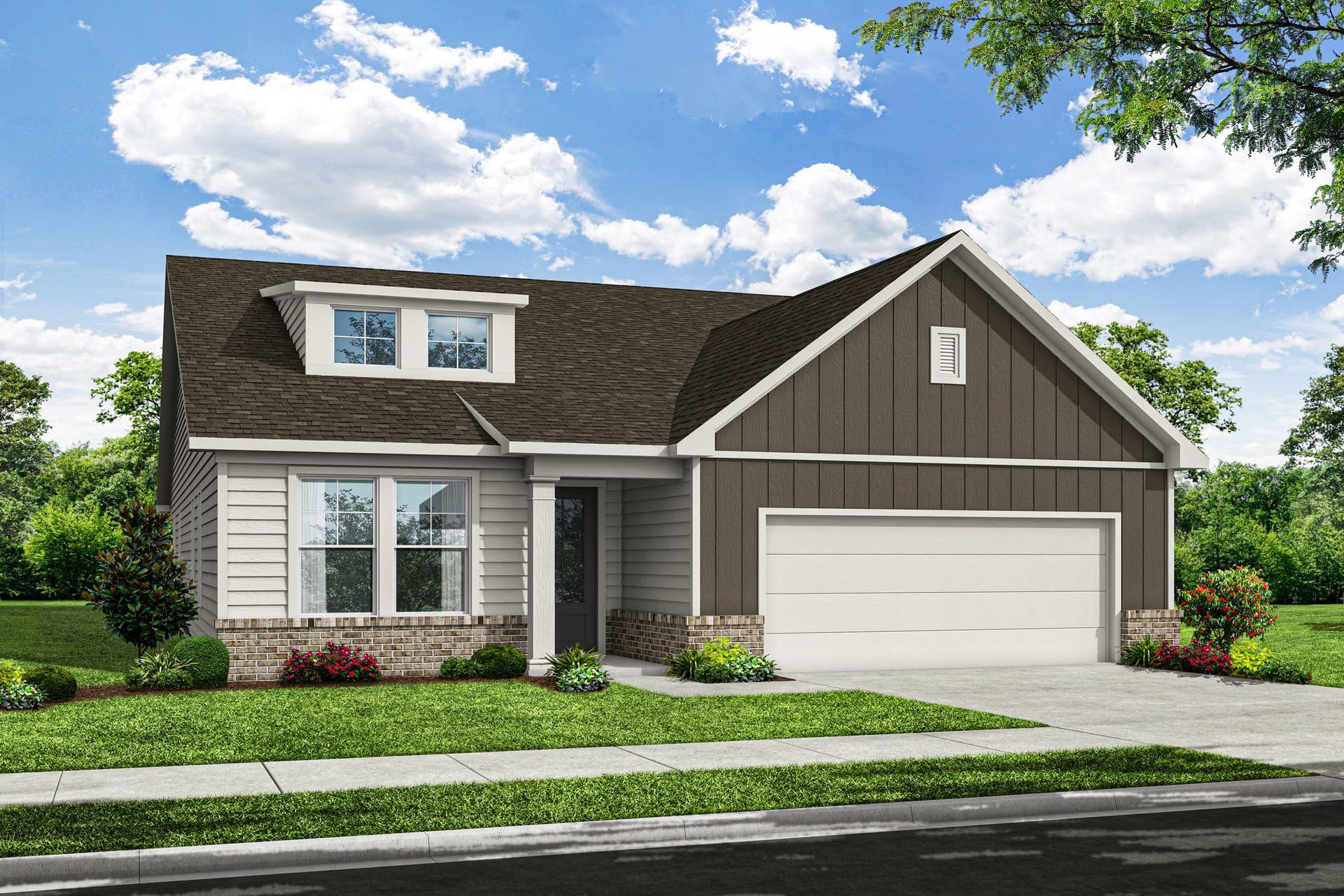 Modern single-story Glenwood B elevation with brown gabled roof, white 2-car garage, front porch, and lush landscaping in Loganville, GA