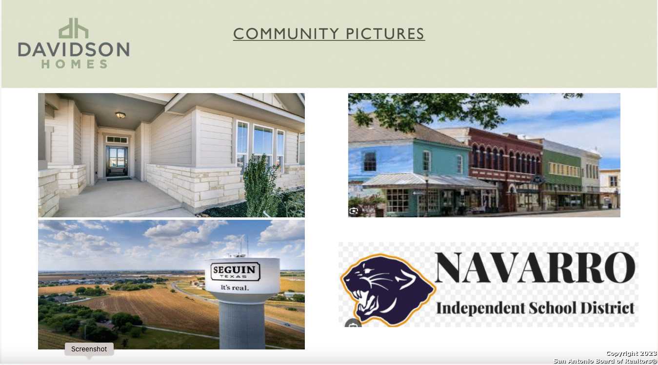 Davidson Homes Hannah Heights community collage: modern 2-story homes, Seguin welcome sign, Navarro ISD panther logo, Texas