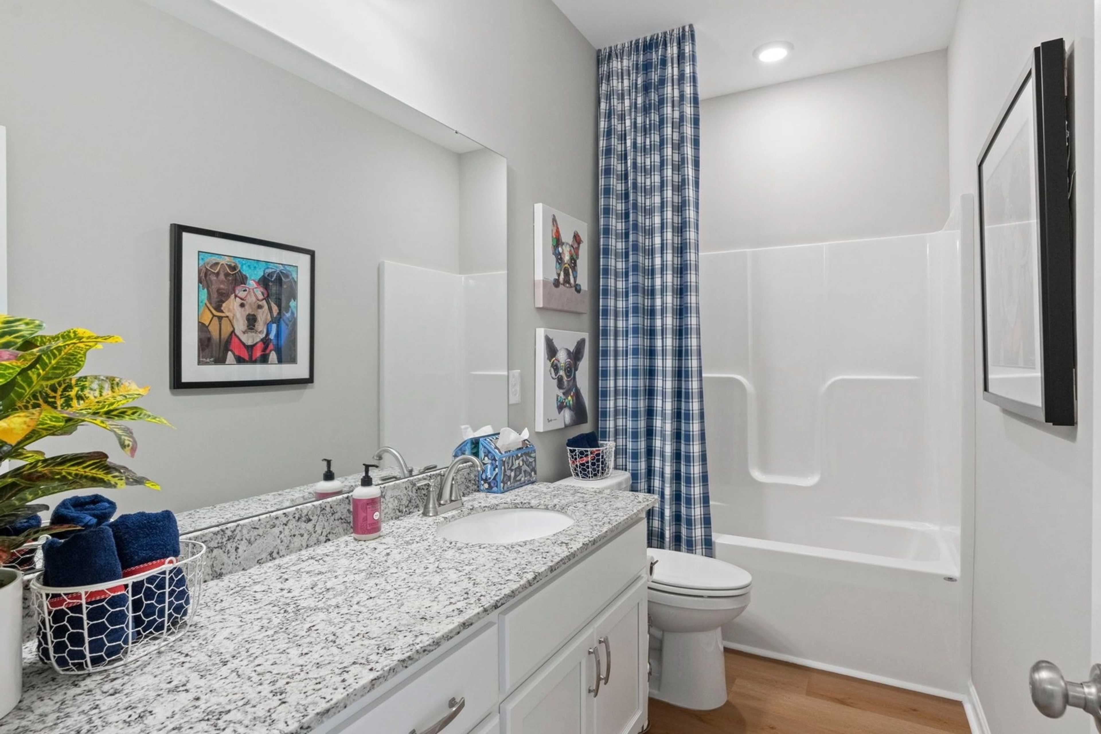 Modern bathroom at Bailey Park in Fayetteville TN with granite vanity, tub-shower combo, blue accents and hardwood floors