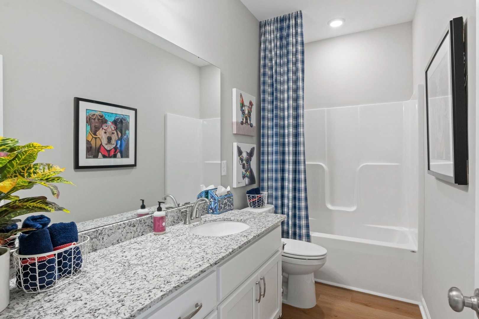 Modern bathroom at Bailey Park in Fayetteville TN with granite vanity, tub-shower combo, blue accents and hardwood floors