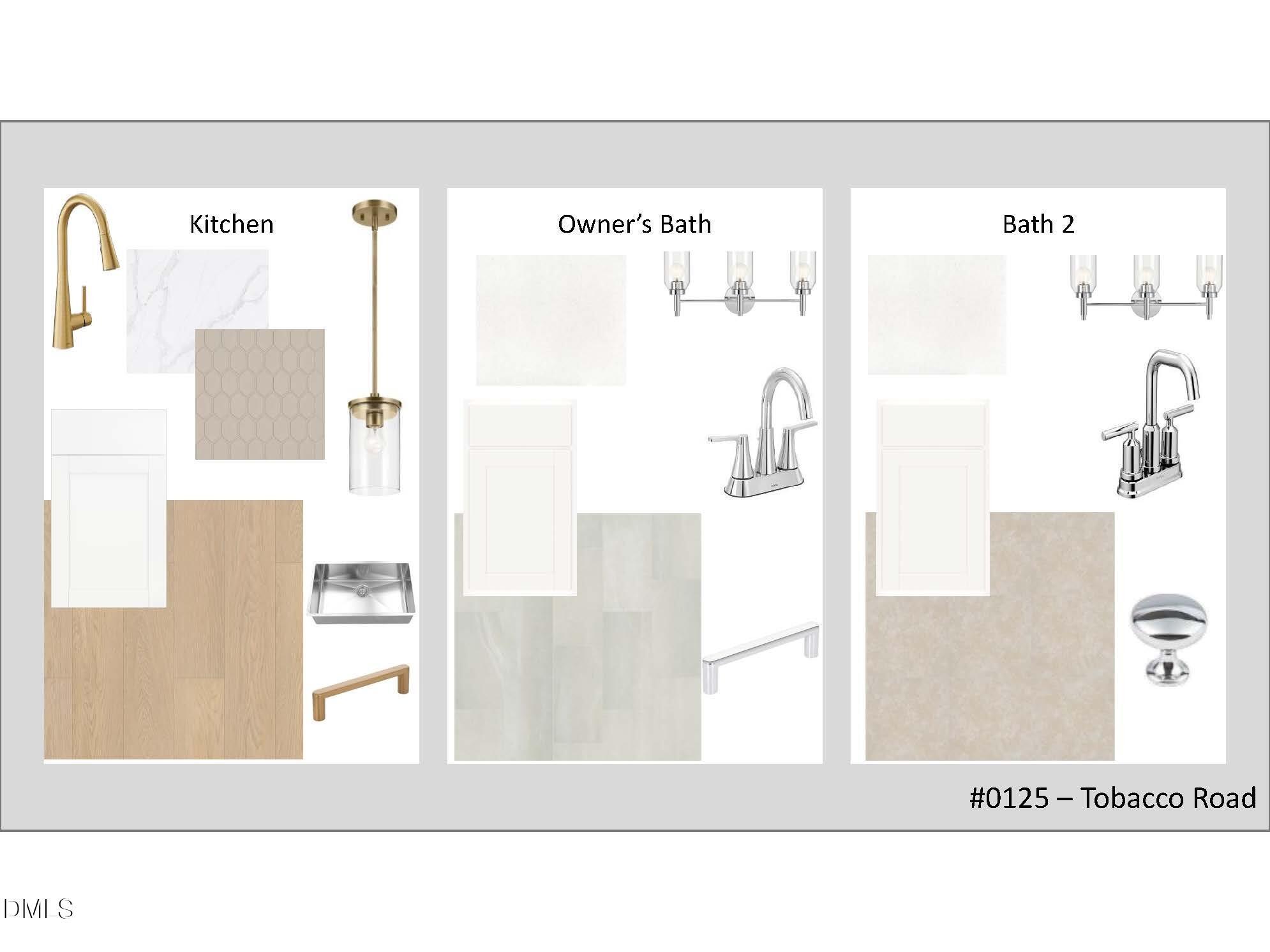 Kitchen and bath material board with gold faucets, white tiles, pendant lights in Davidson Homes Magnolia B, Tobacco Road, Angier, NC