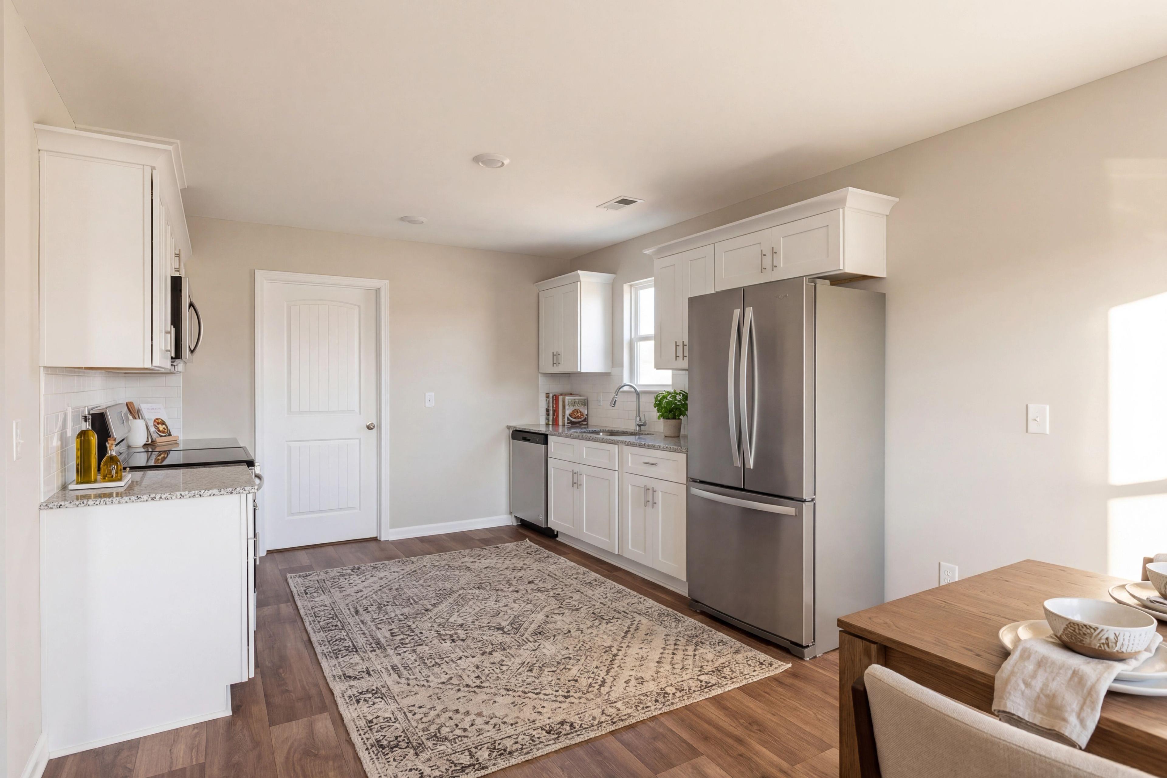 Spacious kitchen in Summer Vineyard, Phenix City AL with white shaker cabinets, stainless steel fridge, granite counters and hardwood floors