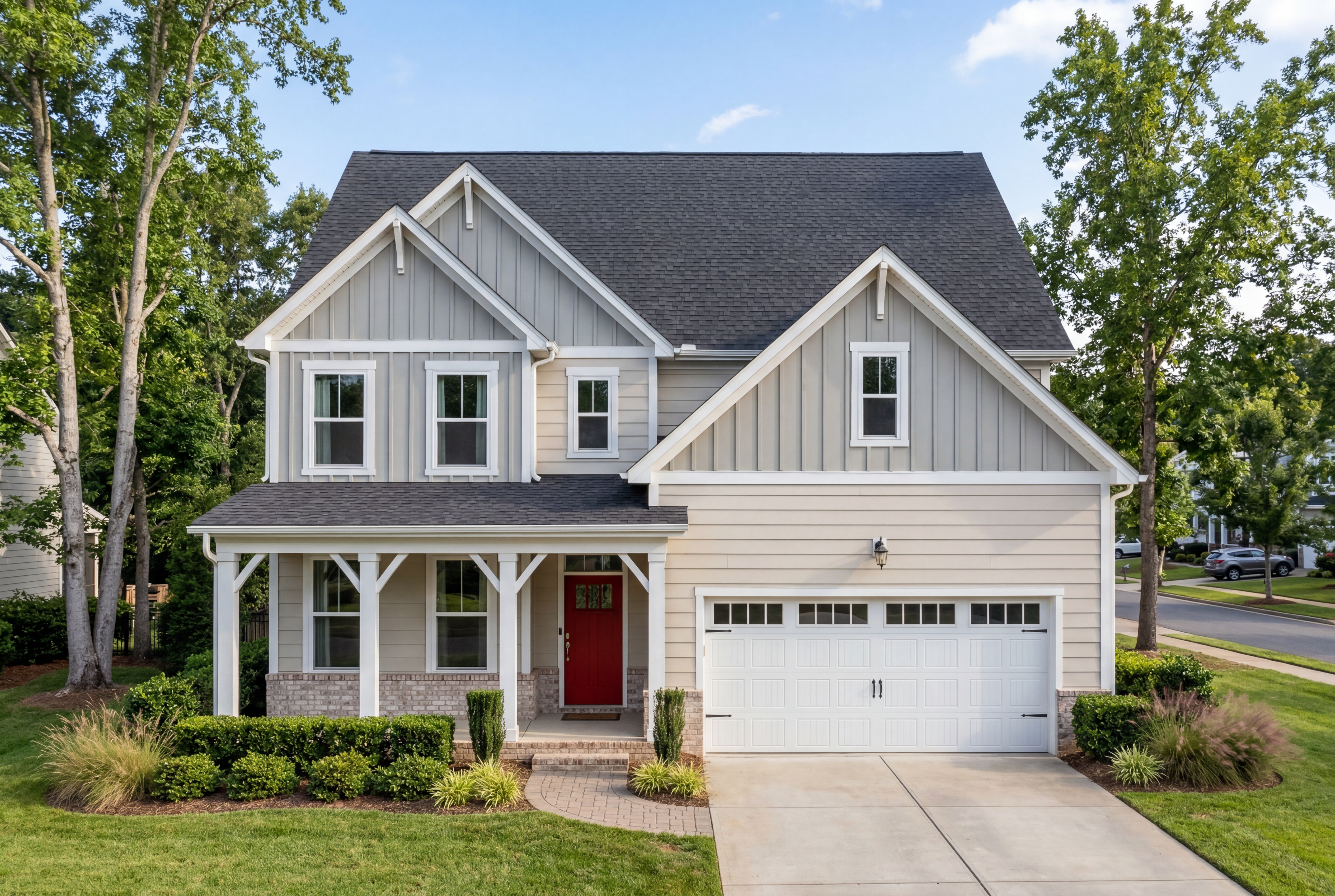 The Hickory B II craftsman-style two-story home elevation with gray siding, red front door, covered porch, and two-car garage in Belmont NC