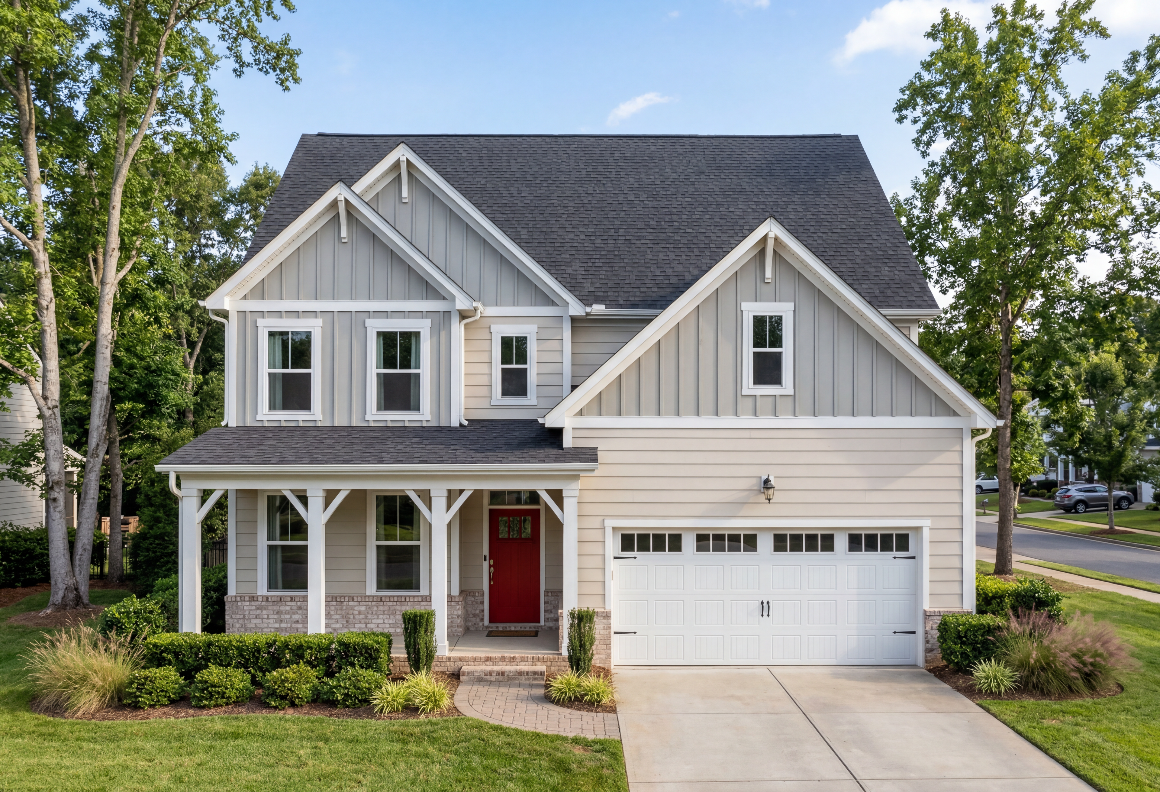The Hickory B II craftsman-style two-story home elevation with gray siding, red front door, covered porch, and two-car garage in Belmont NC