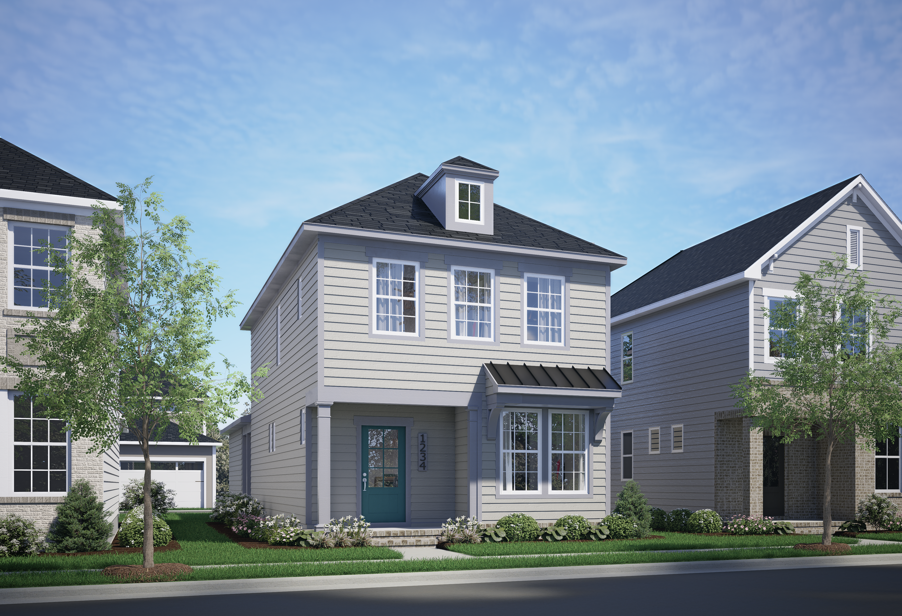 Two-story Burke C home elevation with gray siding, black shingled roof, blue front door, covered porch, and attached garage