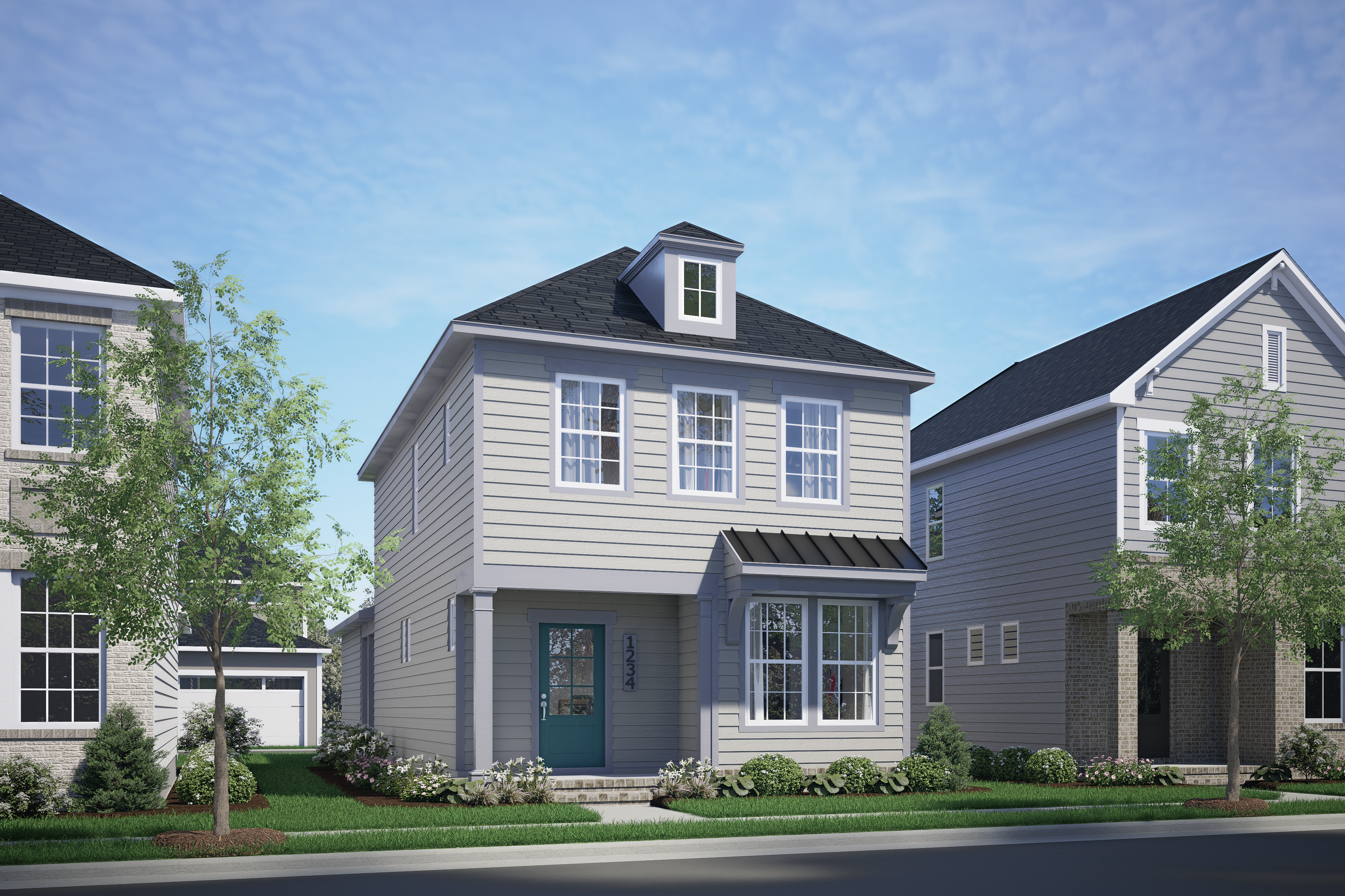 Two-story Burke C home elevation with gray siding, black shingled roof, blue front door, covered porch, and attached garage