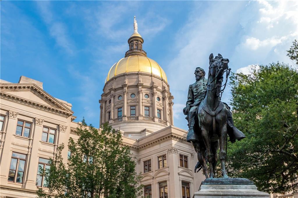 Georgia State Capitol with iconic gold dome and equestrian statue in Atlanta, Georgia
