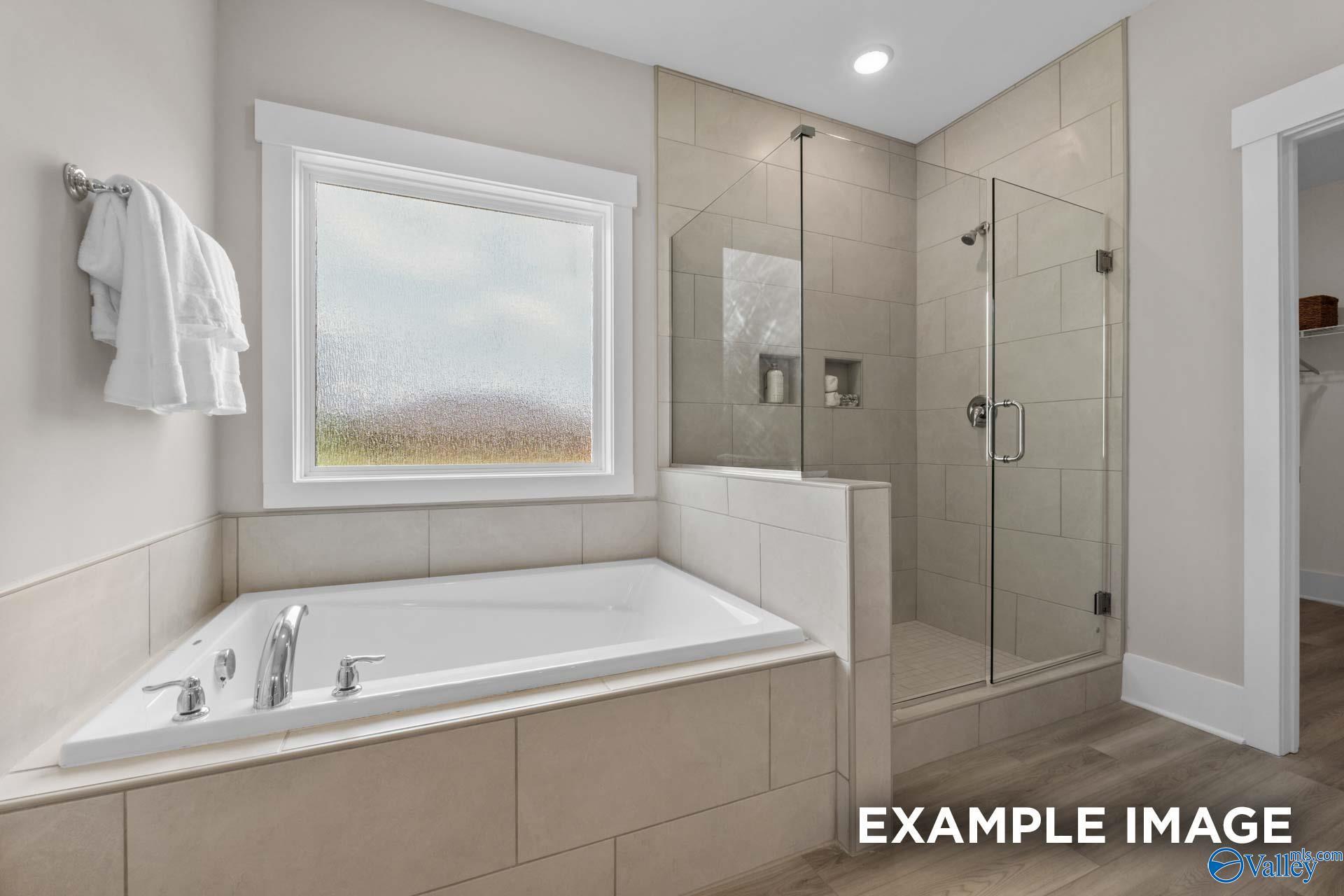 Soaking tub with frosted window and glass walk-in shower in master bath of Davidson Homes The Everett B, Arab, Alabama