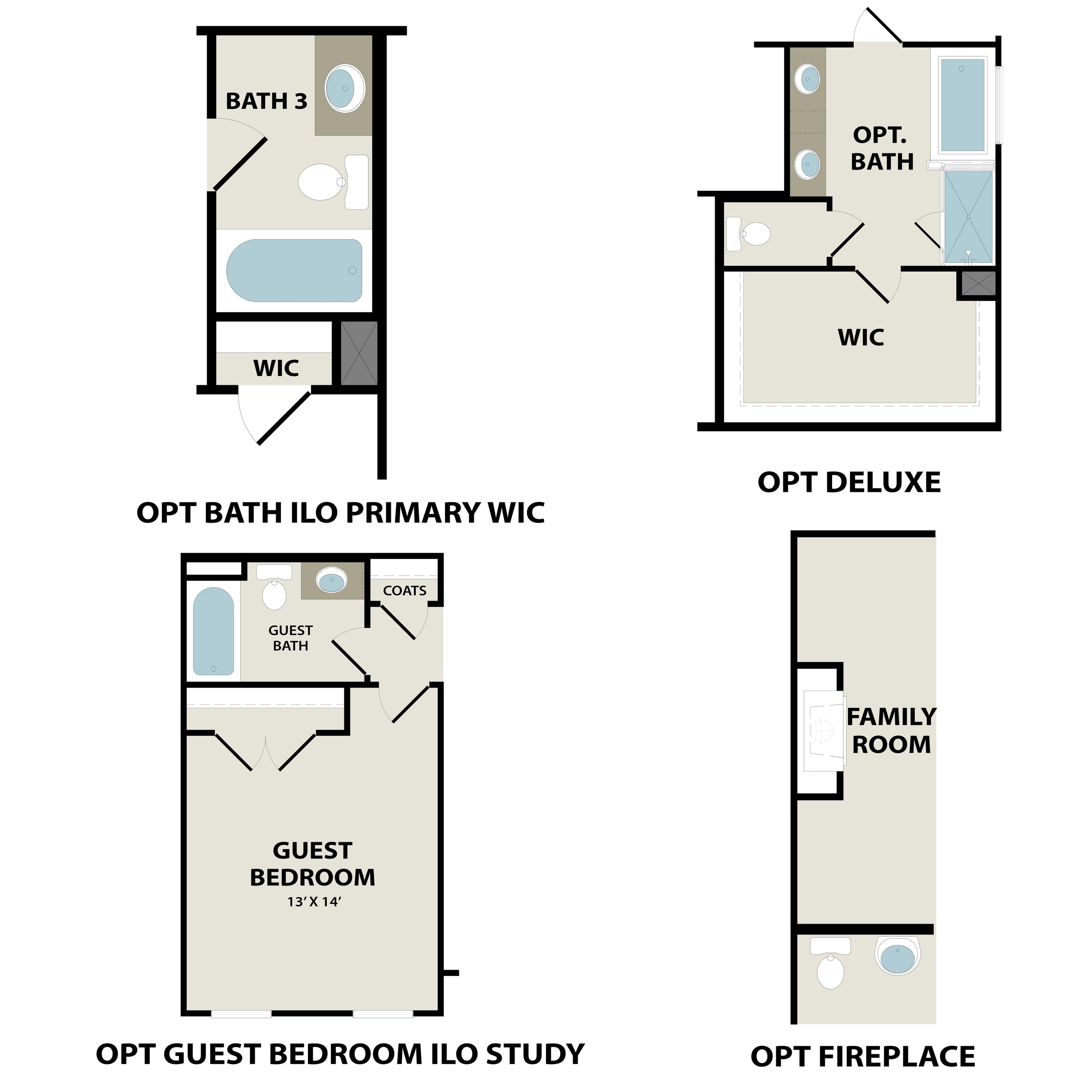 Optional deluxe bath, guest bedroom, and fireplace layouts for The Henry A 4-bedroom home plan by Davidson Homes