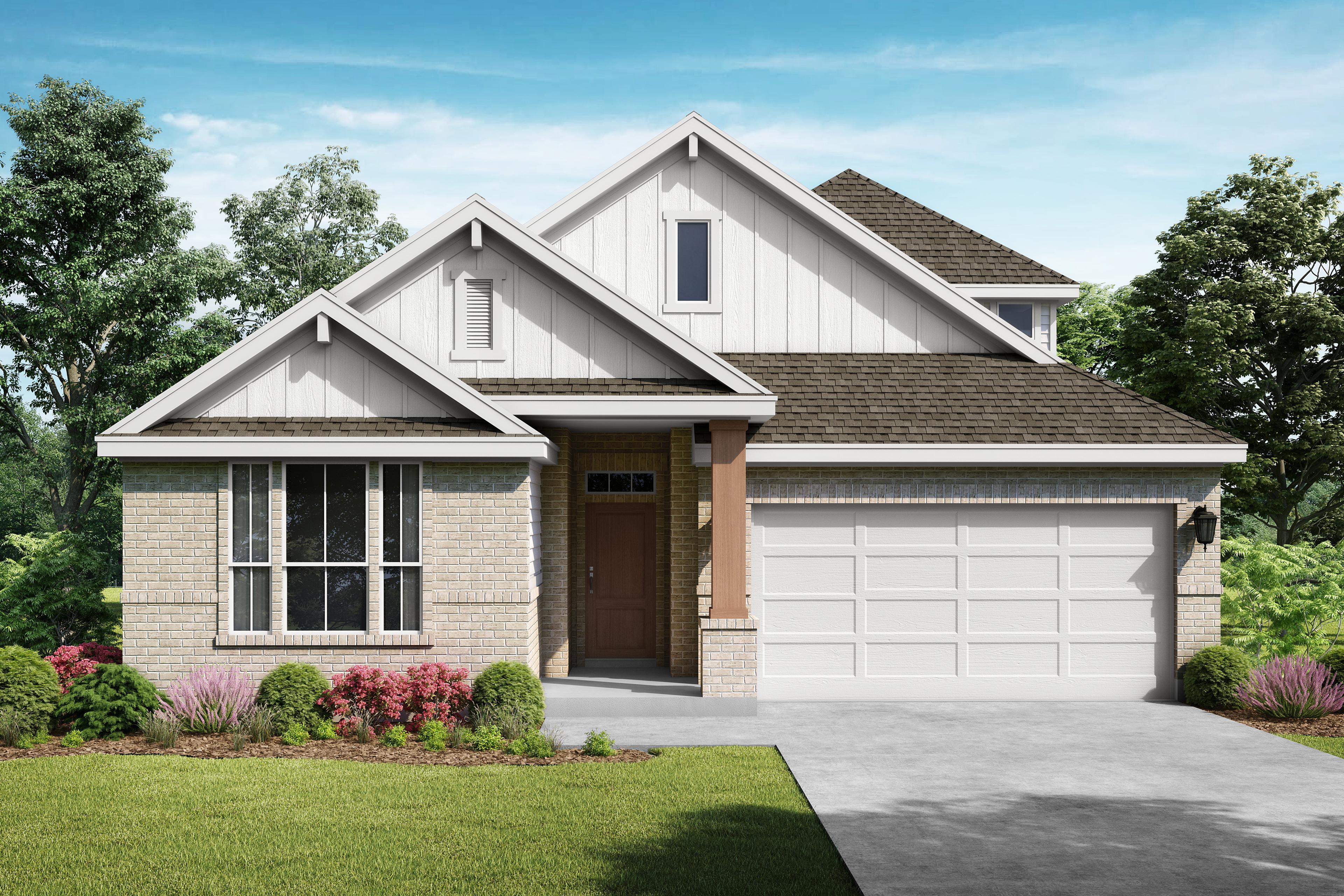 Single-story elevation of The Collin C by Davidson Homes in Seguin TX, featuring white siding, brick base, gabled roof, and 2-car garage