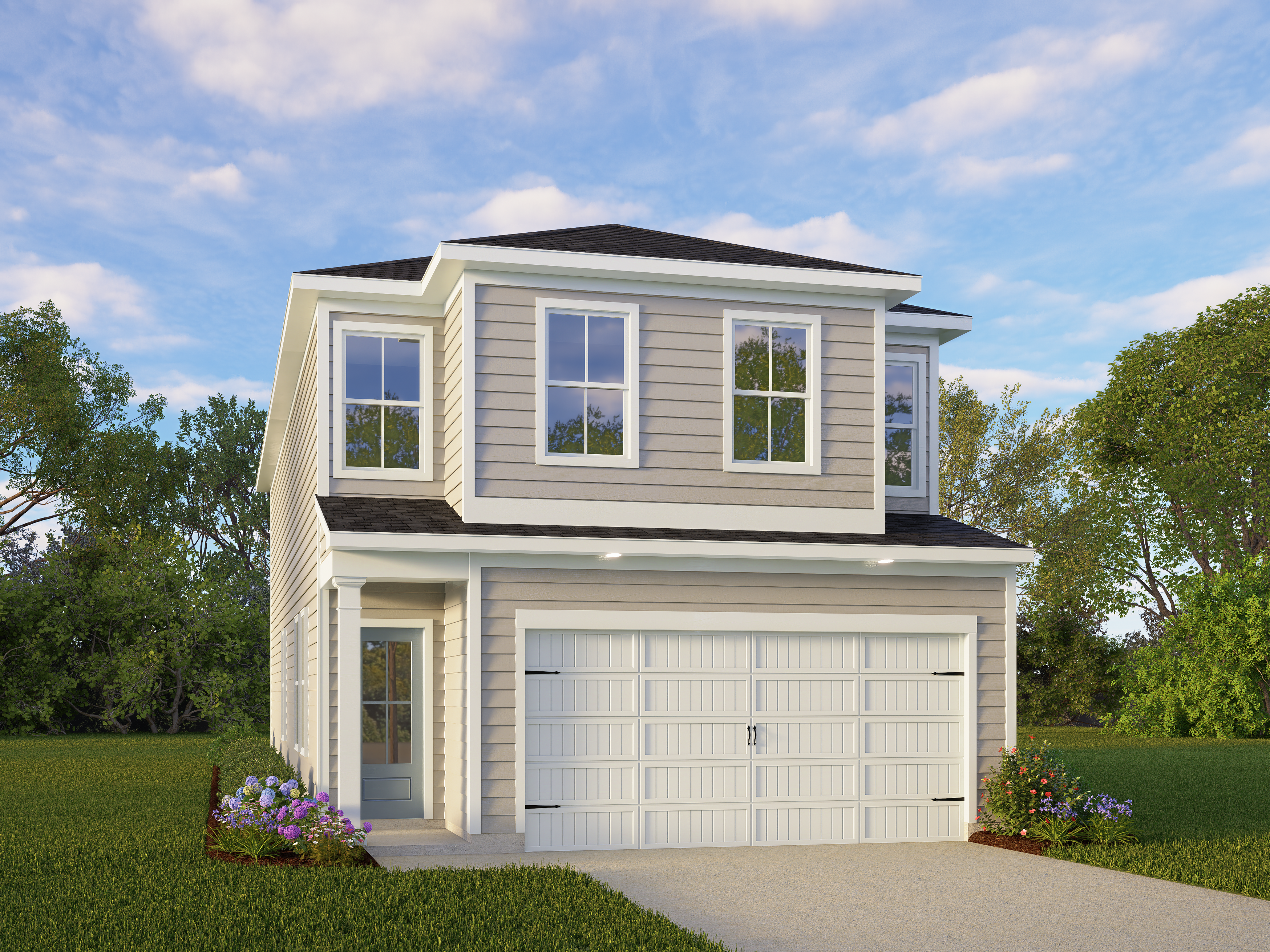 Two-story beige Charlotte A home exterior by Davidson Homes in Meadows at Oak Creek, San Antonio, Texas, featuring one-car garage and front landscaping