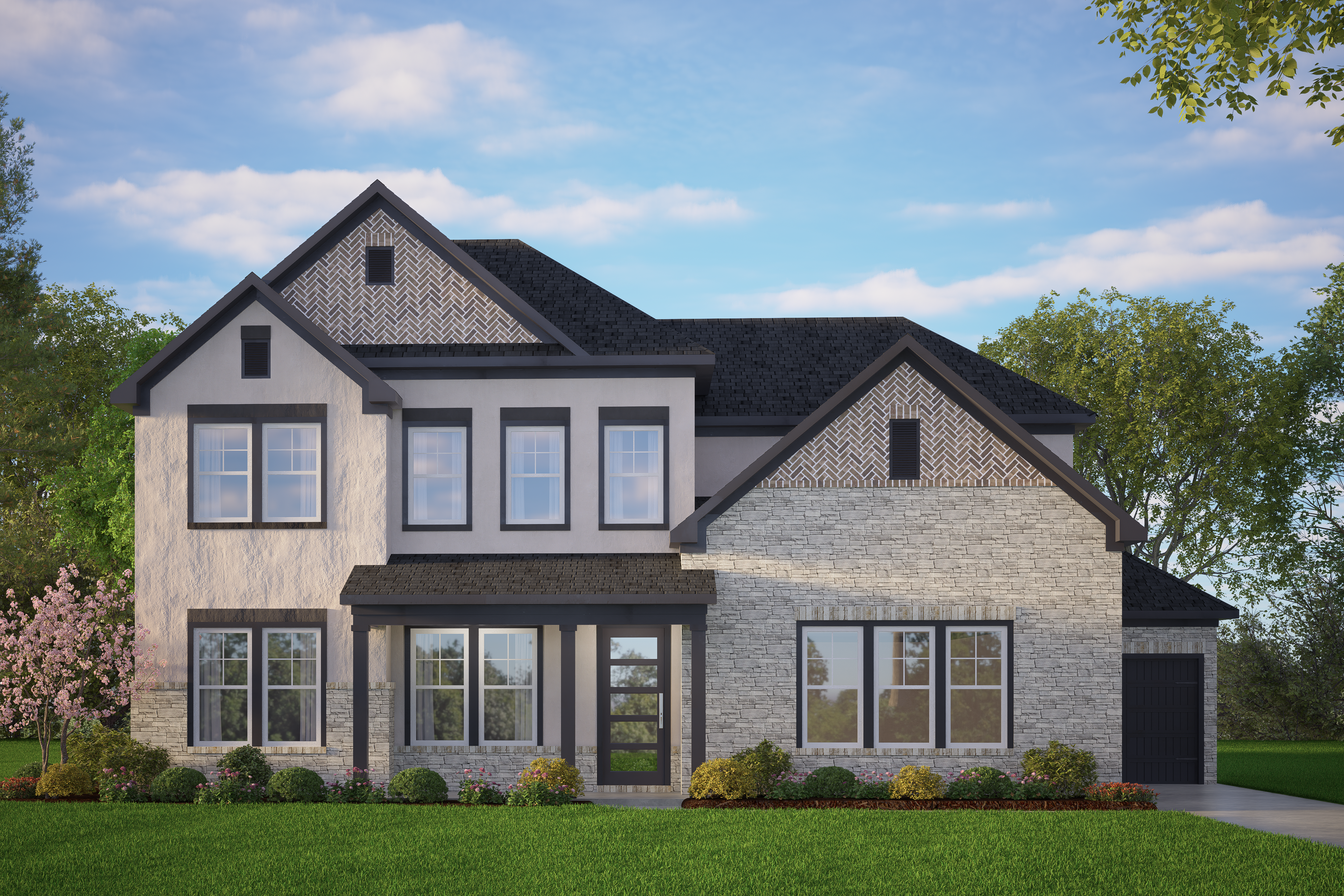 Modern two-story Belmont H elevation with 3-car garage, stone and board-and-batten siding, lush yard in Castroville, TX