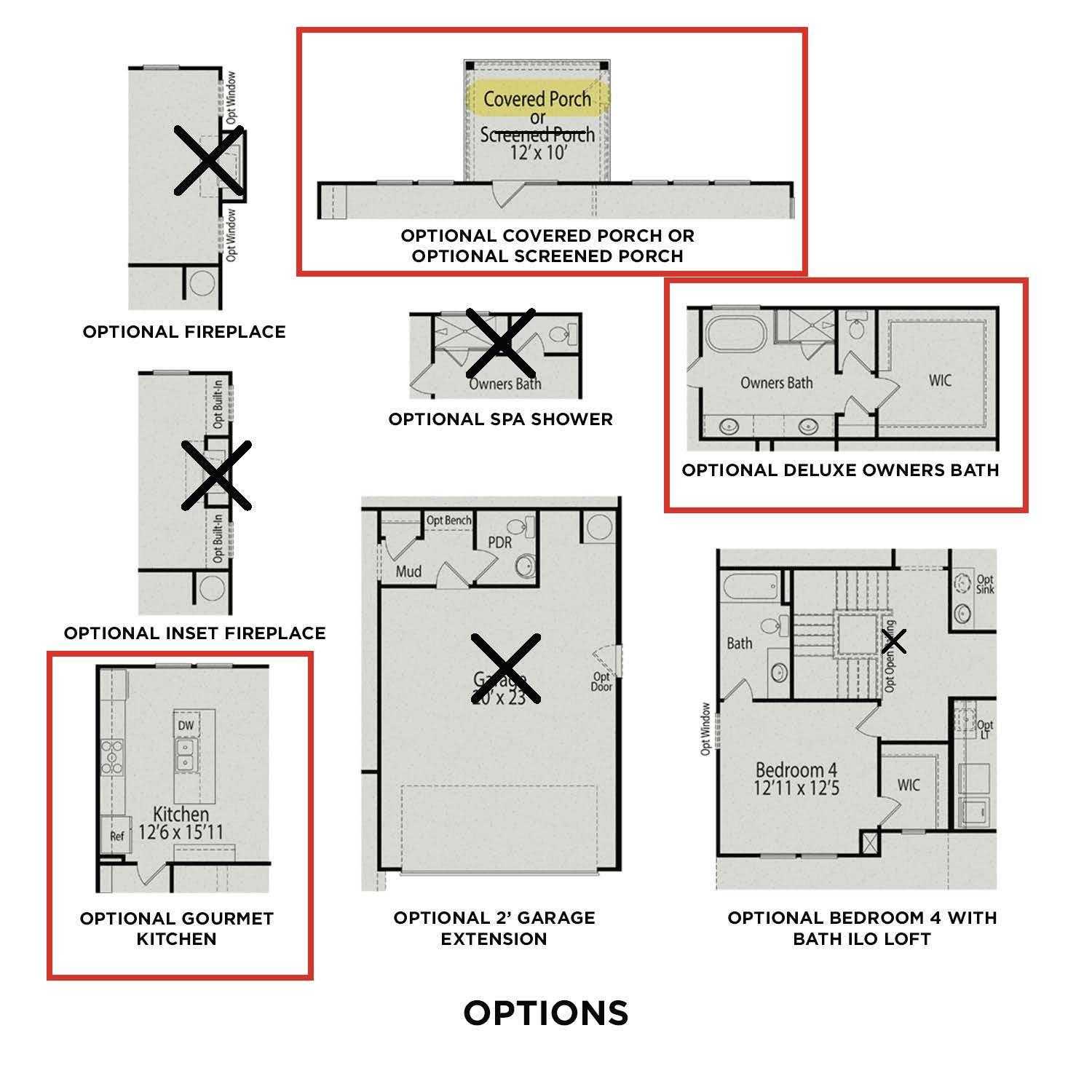Detailed floor plan of The Hemlock A 3-bedroom home by Davidson Homes, featuring optional gourmet kitchen, screened porch, and 2-car garage in Enclave at Belmont, NC
