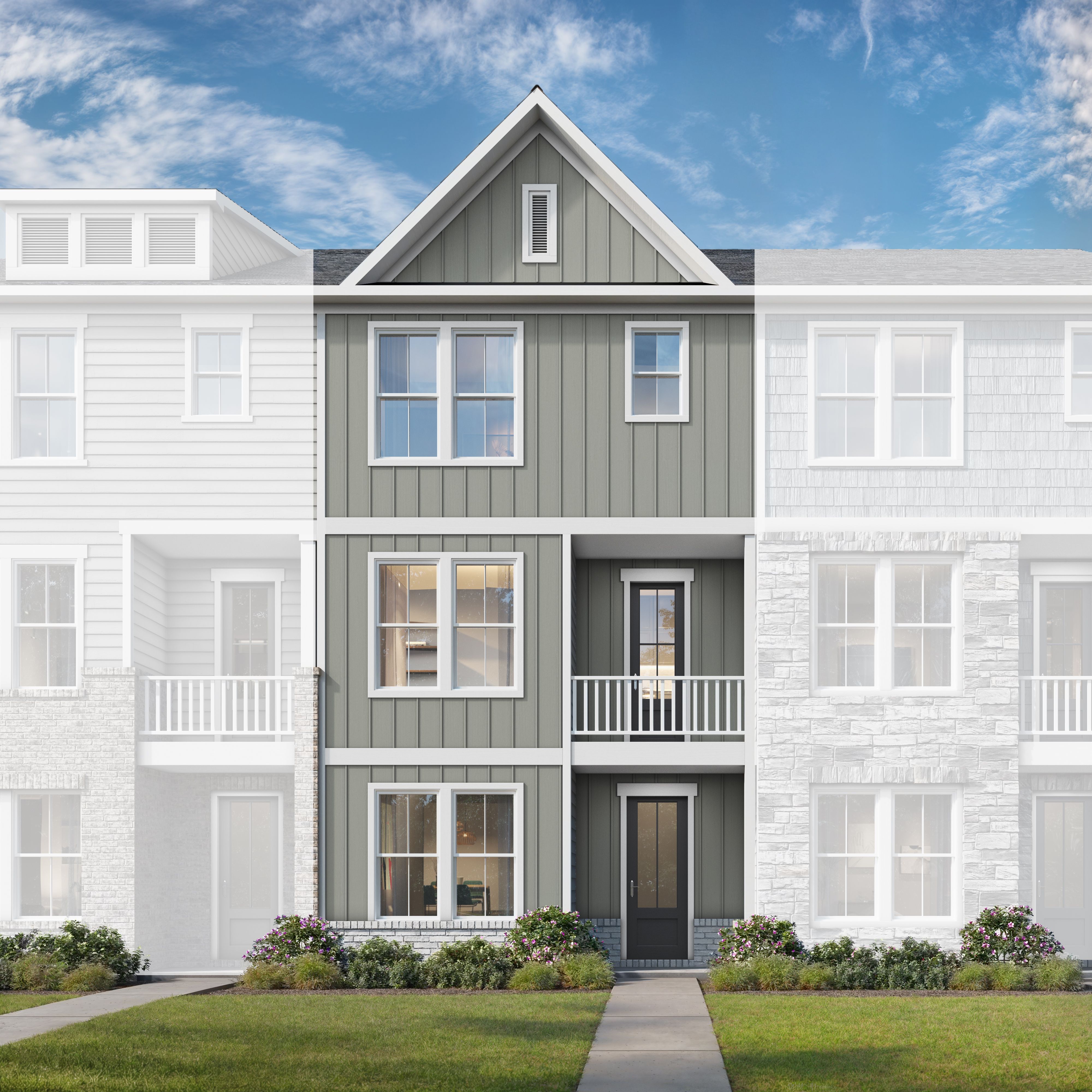 Modern 3-story The Porter B townhome elevation with gray siding, balcony, gabled roof, and landscaped yard in Woodstock GA